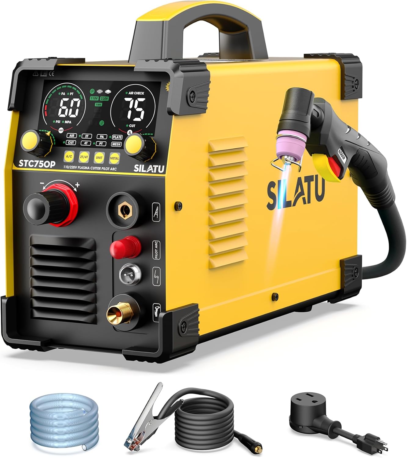 SILATU 75Amps Plasma Cutter, Large LED Display, Non-Touch Pilot Arc, Air Sensor Technology, 110/220V Dual Voltage IGBT Inverter Plasma Cutter Machine, 1'' Max Cutting Thickness for Beginners DIY