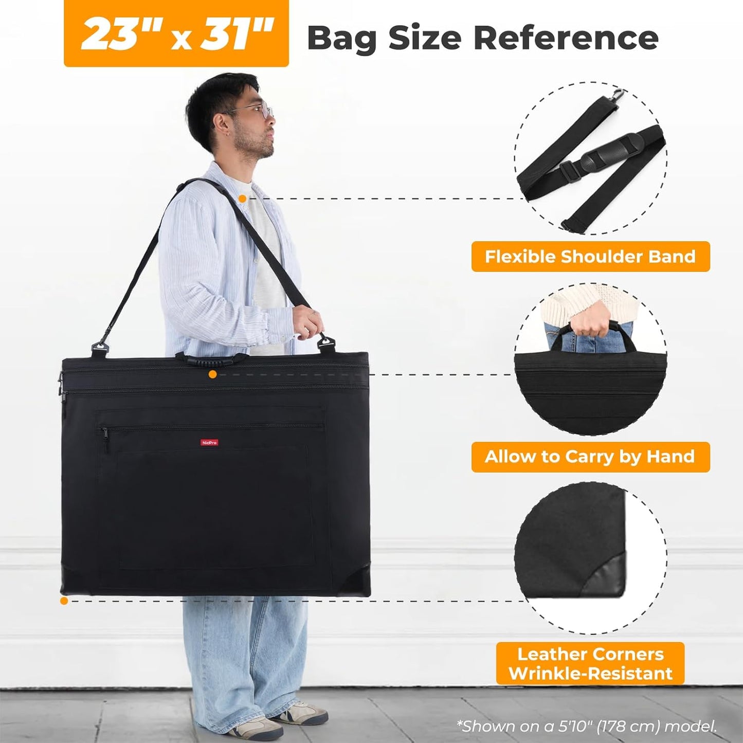 Nicpro Light Weight Art Portfolio Bag, 23x31 Black Art Canvas Portfolio Case with Detachable Shoulder Strap, Leather Corners, Carrying Storage Case for Artwork, Poster, Sketching, and Drawing