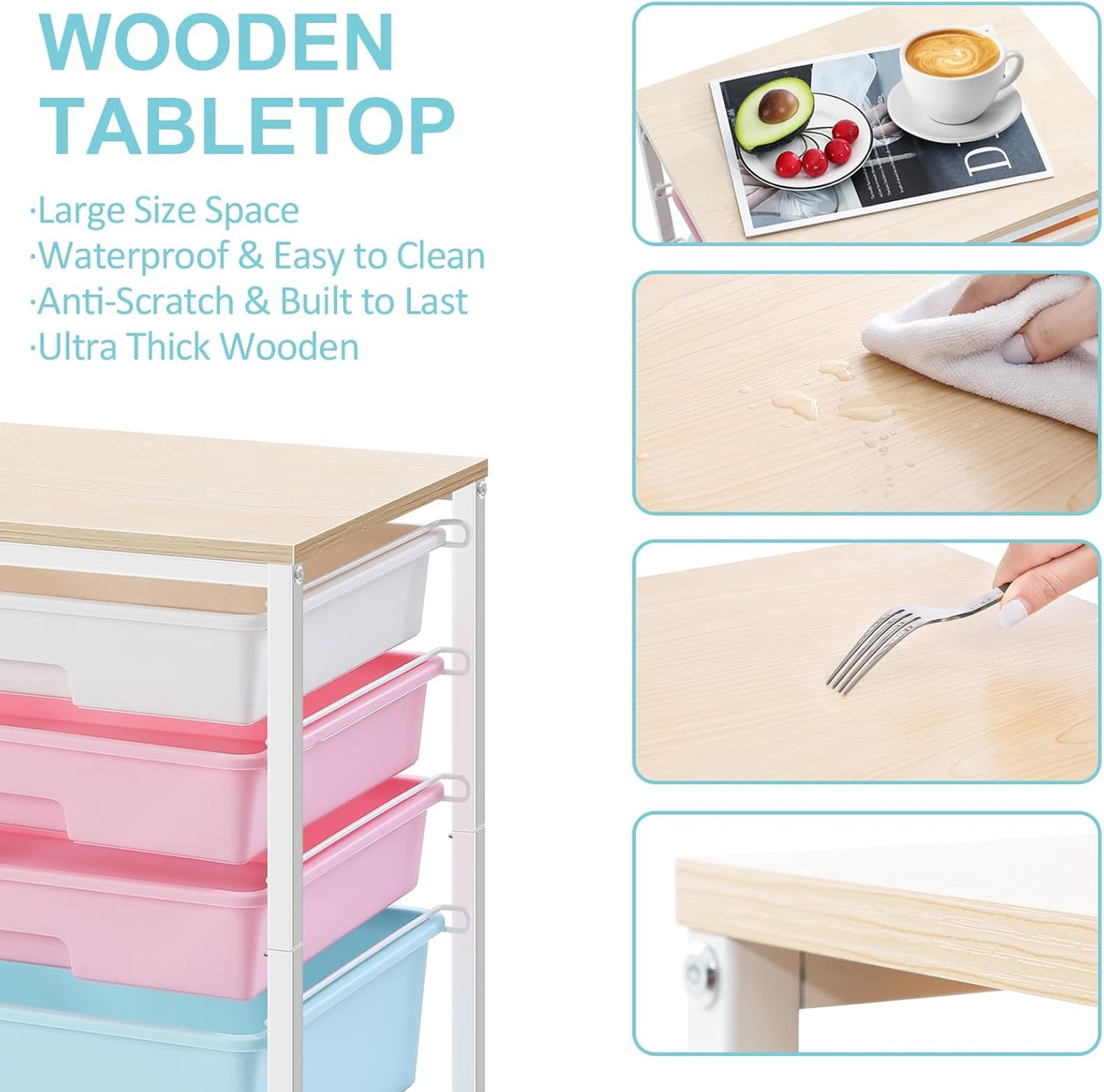 Utility Cart with 5 Drawers,Storage Drawer Cart with Wooden Tabletop and Lockable Wheels,Craft Storage Trolley Cart,5-Tier Rolling Utility Cart on Wheels,Rainbow