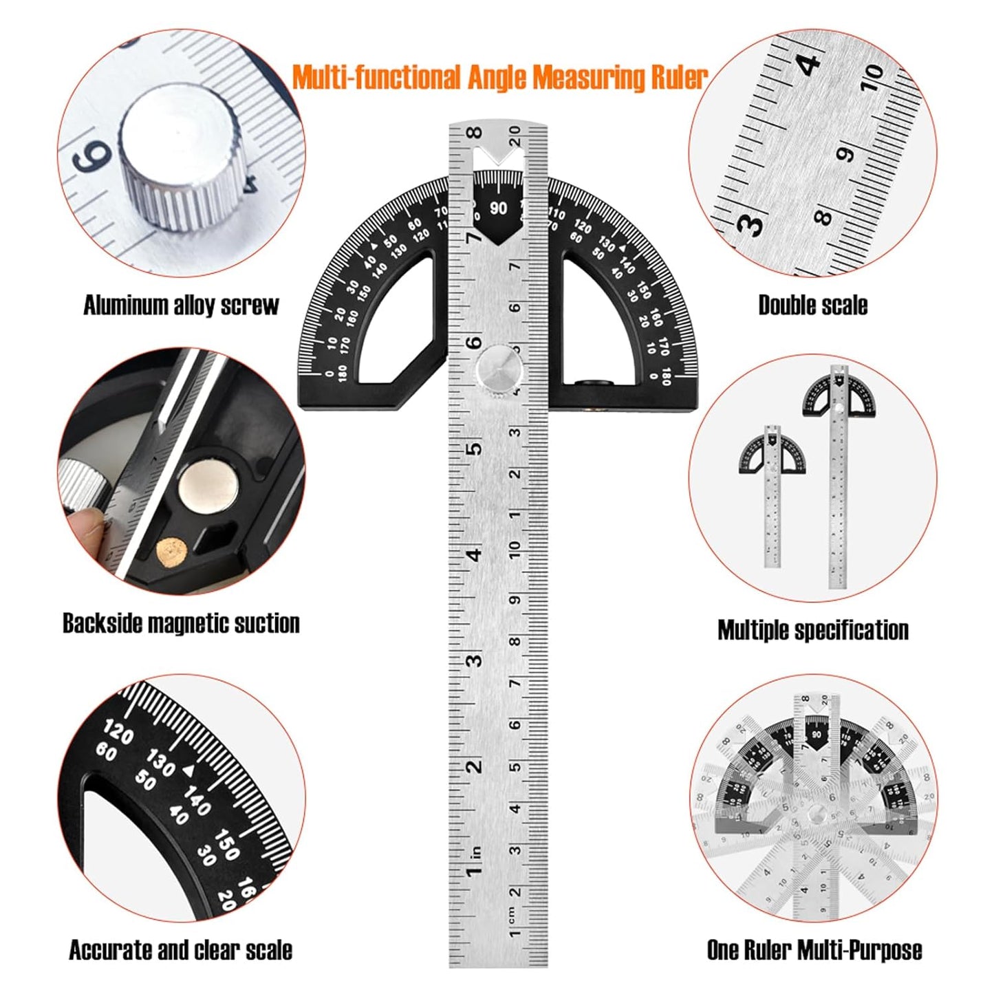 Protractor Angle Finder Stainless Steel Angle Ruler with 0-180 Degrees Adjustable Angle Square 8-Inch Woodworking Ruler for Woodworking/Carpenter/Construction/Measurement/Hobbyists