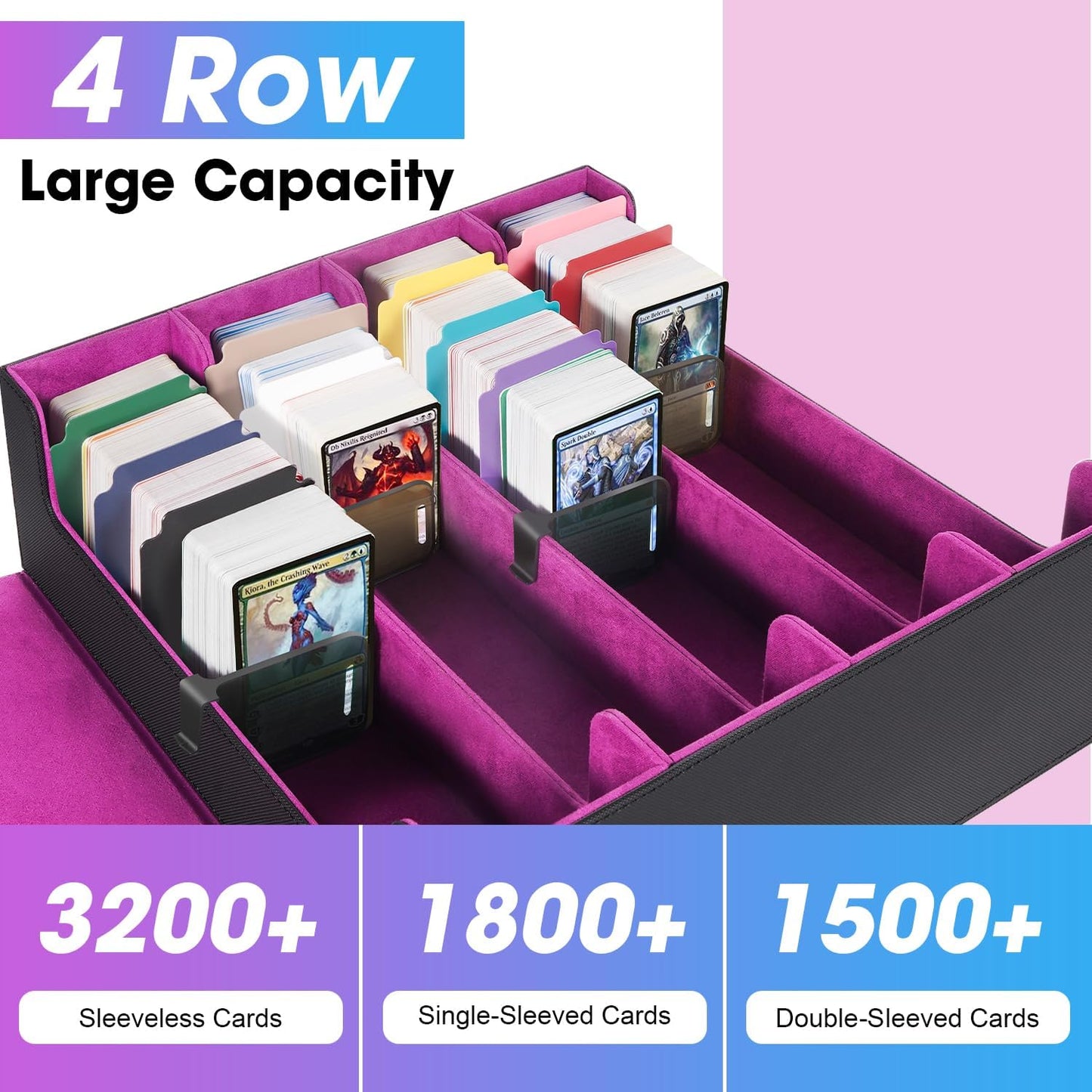 3000+Trading Card Storage Box, PU Leather Organizer Case With 24 Dividers, Magnetic Closure, 4 Supporters, For Game Sports Card,Purple