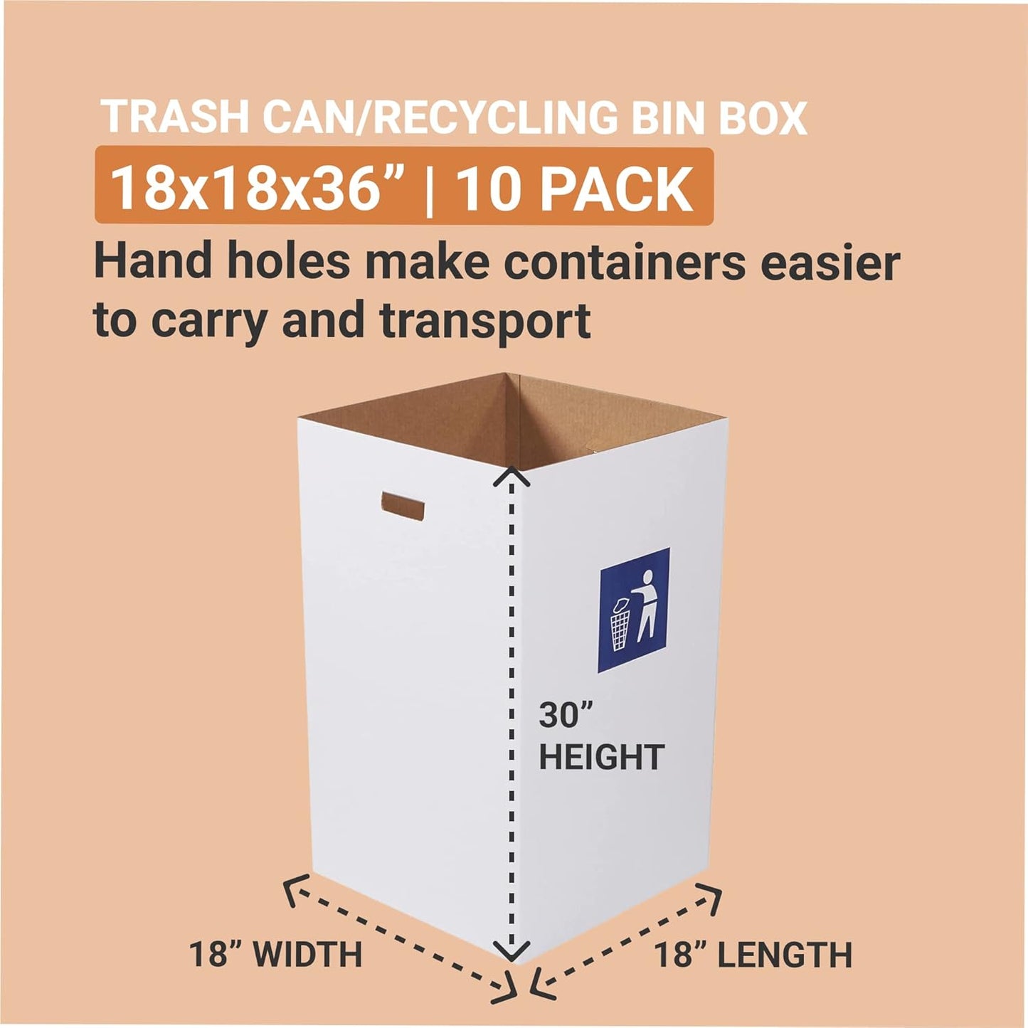 AVIDITI Cardboard Trash Cans and Recycling Bins, 40 Gallon 18"L x 18"W x 30"H (10-Pack) Reusable or Disposable Pop Up Garbage Boxes Container for Party, Parties, Recycle, Outdoor Events, Heavy Duty, Waste