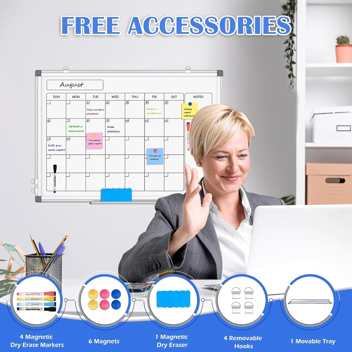 Monthly Calendar Dry Erase Whiteboard for Wall, 36" x 24" Double-Sided Calendar White Board, Magnetic Portable Board for Office, Kitchen, School, Home