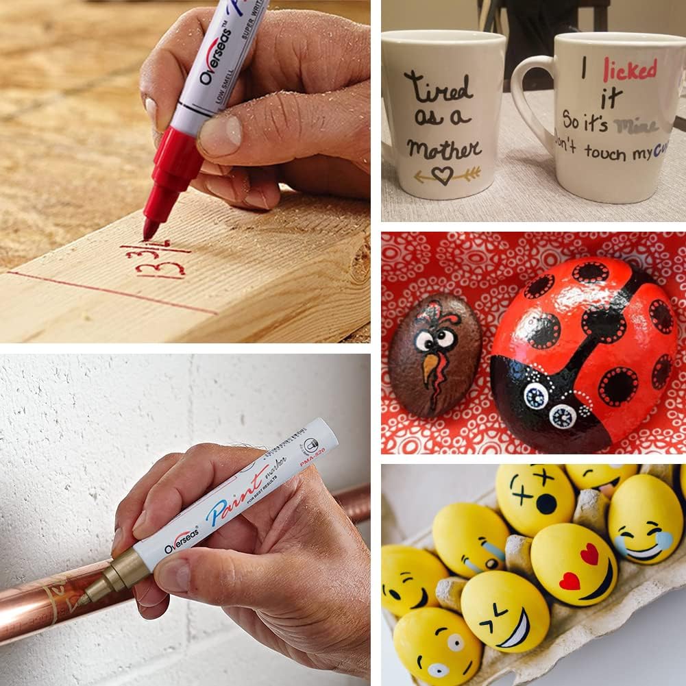 Overseas Permanent Paint Markers Pens - 3 Pack Gold Oil Based Paint Pens, Medium Tip, Quick Drying and Waterproof Marker Pen for Metal, Rock, Wood, Fabric, Plastic, Canvas, Mugs, Stone, Glass