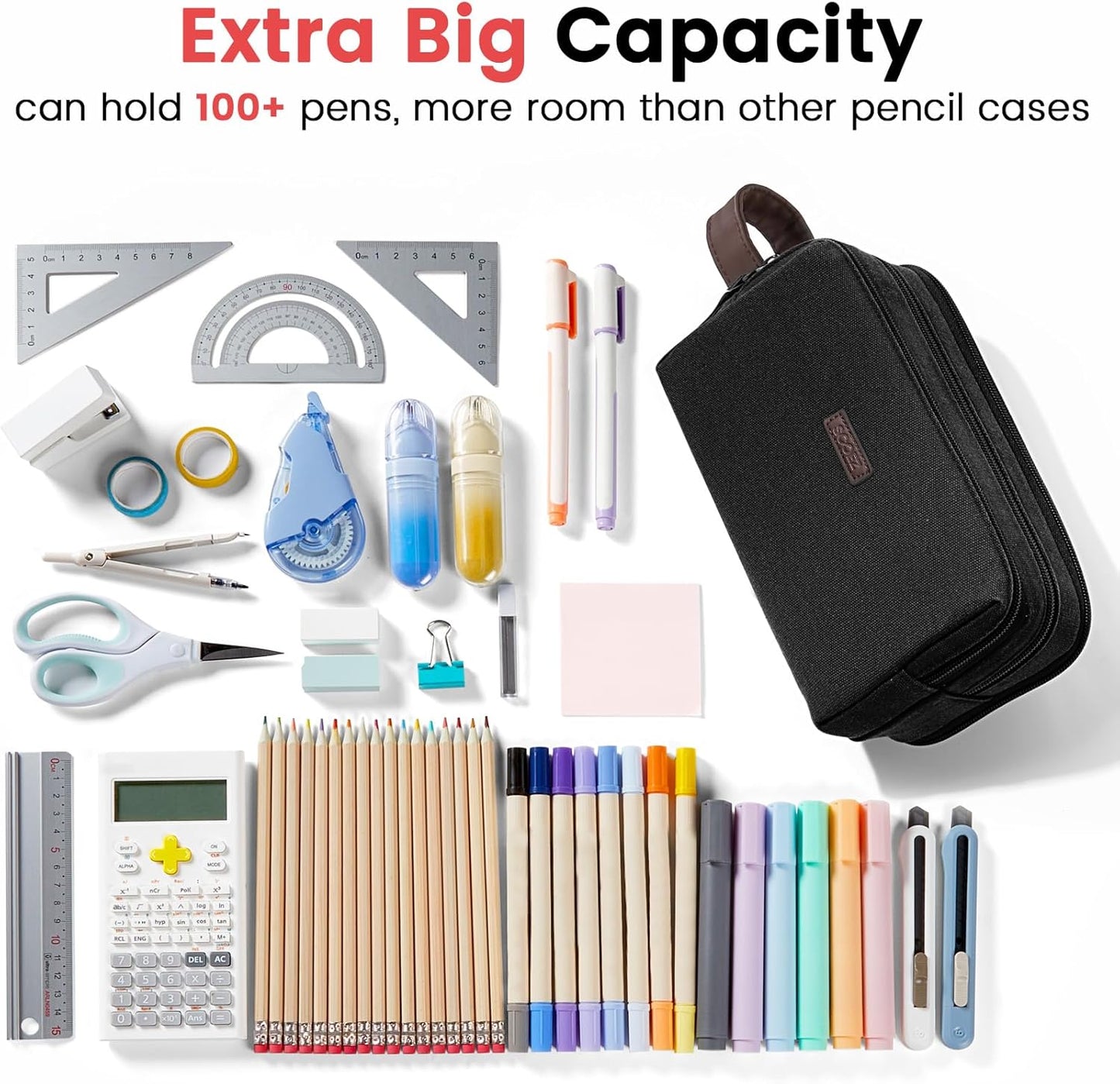 Sooez Large Pencil Case Pouch, Extra Big Pencil Pouch Pencil Bag with PU Handle & Zipper, Sturdy Pen Case with 3 Compartments, Aesthetic School College Supplies Organizer for Men Women Boys, Gray