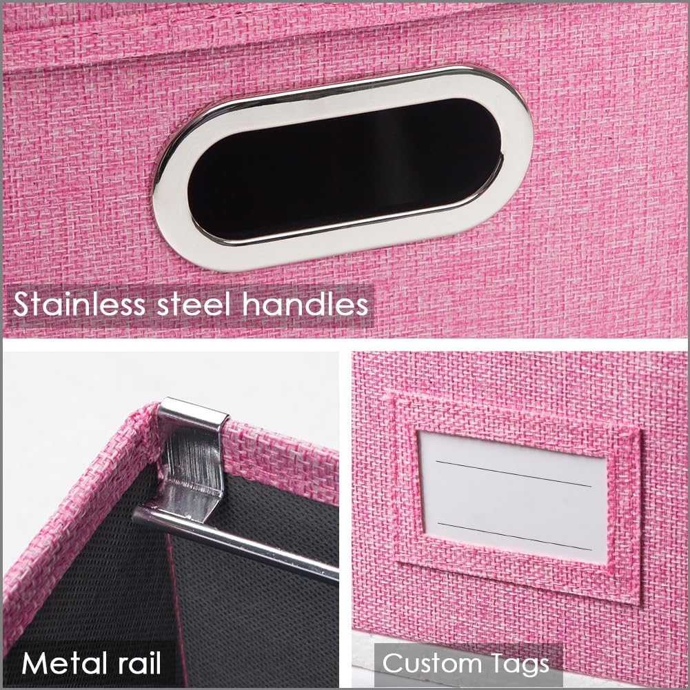 PRANDOM File Organizer Box - Set of 2 Collapsible Decorative Linen Filing Storage Hanging File Folders with Lids Office Cabinet Letter Size Pink (14x9.3x10.8 inch)