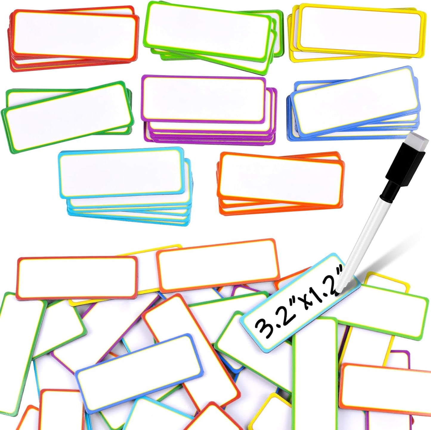 80 Pack Magnetic Dry Erase Labels 8 Colors 3.2"x1.2" Magnetic Labels Reusable Strips for Classroom, Office, Cabinet, Write On Magnets Sticker Writable Erasable Name Tags for Fridge