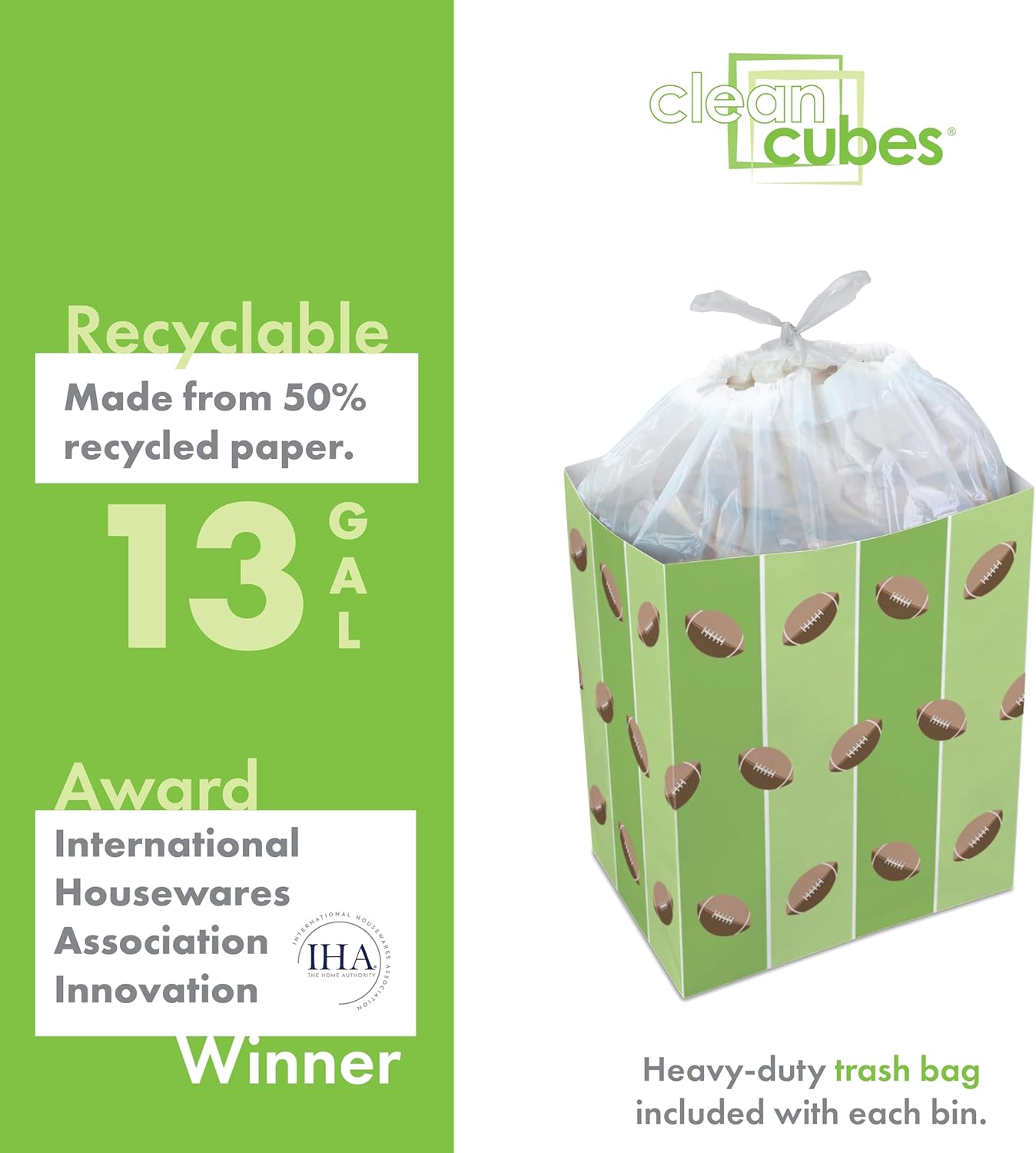 | 13 Gallon Disposable Trash Cans (3-Pack) with Fitted Trash Bags - Reusable Garbage and Recycling Bins for Parties, Events, and More (Tailgating - 17" Height x 13.5" Width x 10" Depth)