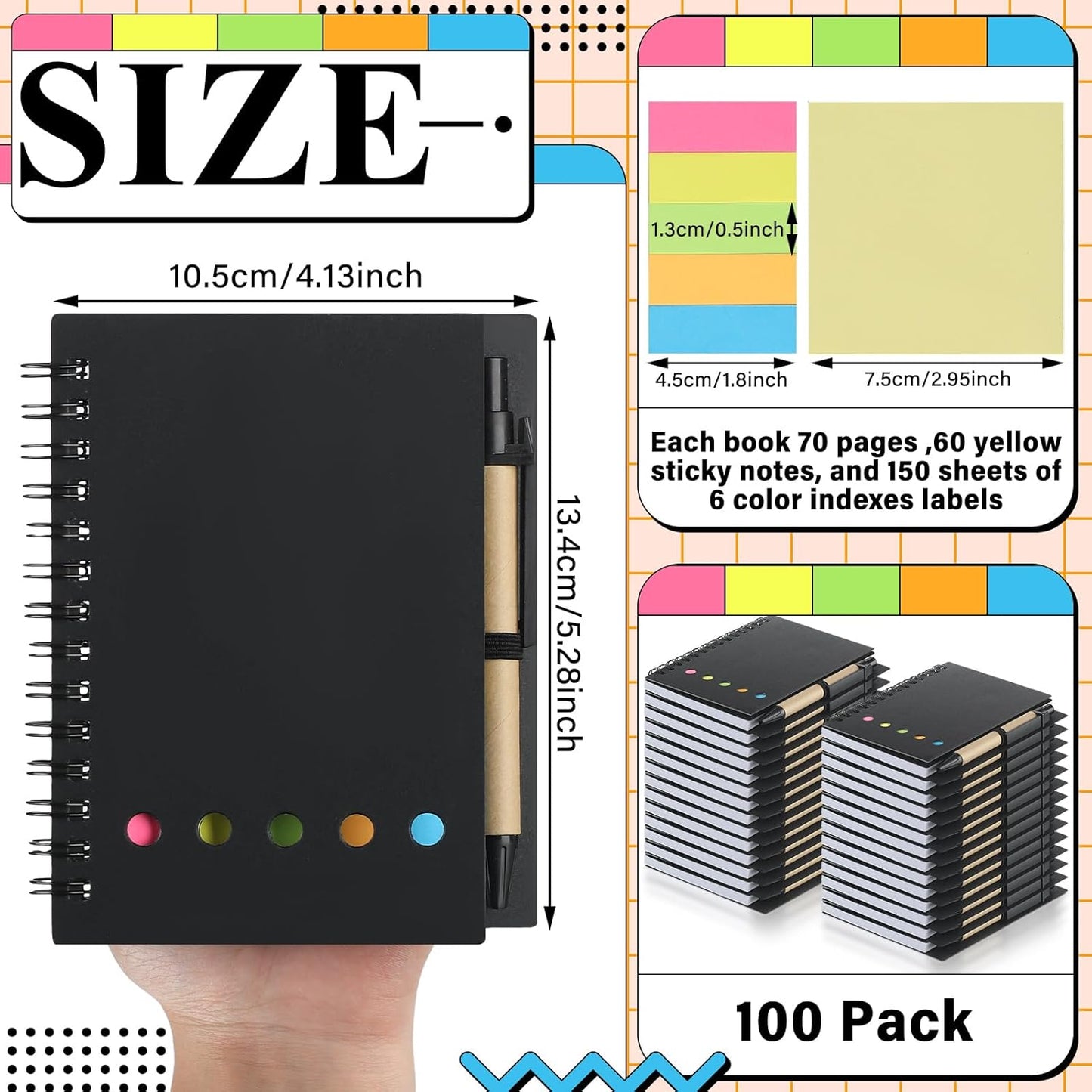 Qilery 100 Pack Lined Spiral Notebook Small Notepad and Pen Set Steno Pads Lined Notepad Black Pocket Notebook for Business Office School Supplies