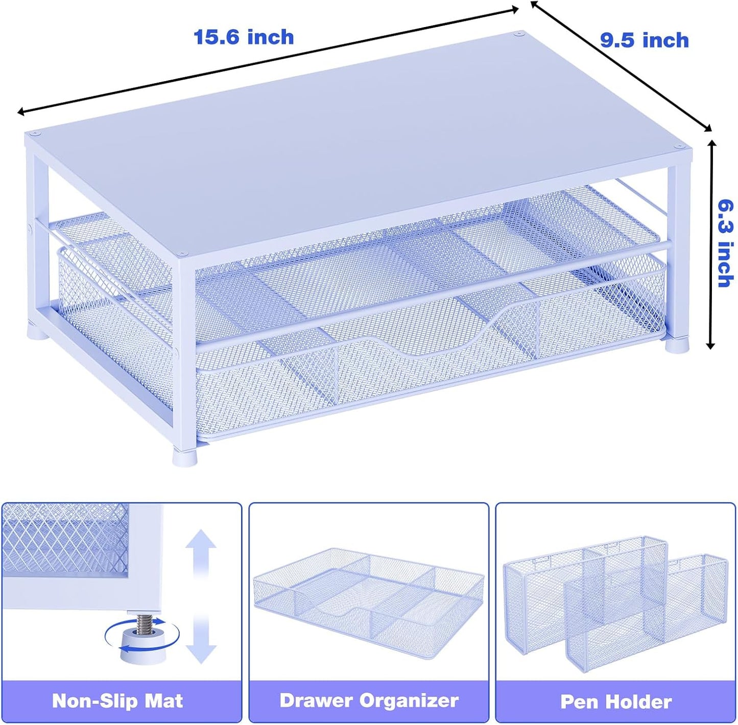 Desk Organizers and Accessories, 2-Tier Computer Monitor Stand Riser with Drawer and 2 Pen Holders, Laptop Stand, Office Desk Accessories for Office Supplies, Blue