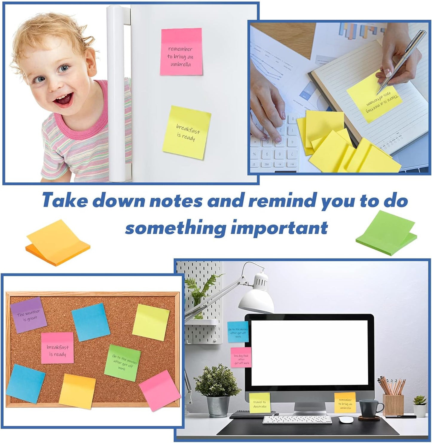 Leinuosen 102 Pack Sticky Notes 3 x 3 Inches Cute Sticky Notes Bright Colors Self Stick Pads Memo Easy to Post for Home Desk Office Notebook, Message Reminder, Stationary Supplies Office Supplies