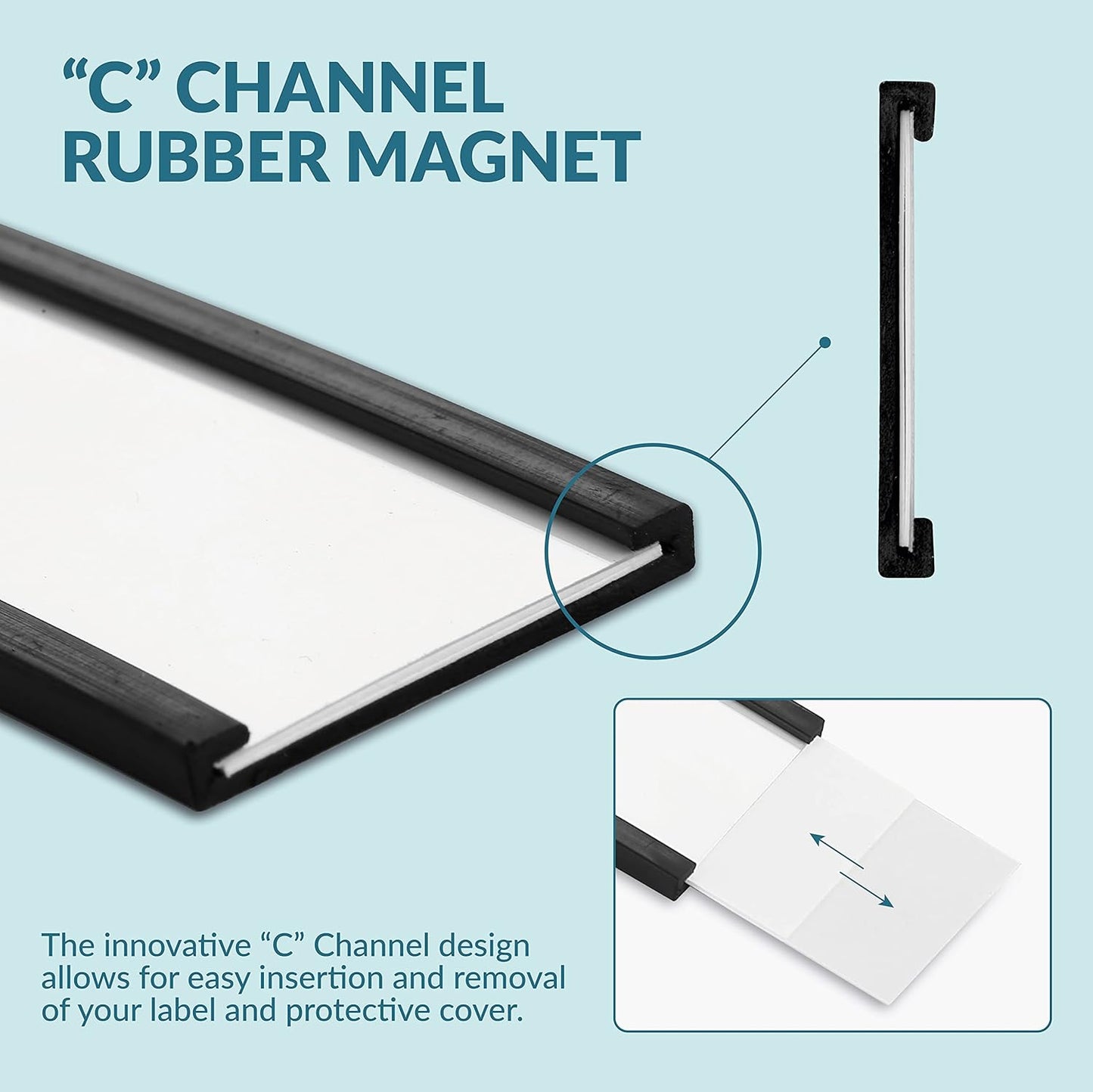 50 Pack"C" Channel Magnetic Label Holders 1x2 with 100 White Card Inserts, 50 Clear Plastic Protectors and Bonus 20 Colorful Cardstock Inserts in Blue, Green, Yellow and Red - Double-Sided Cards