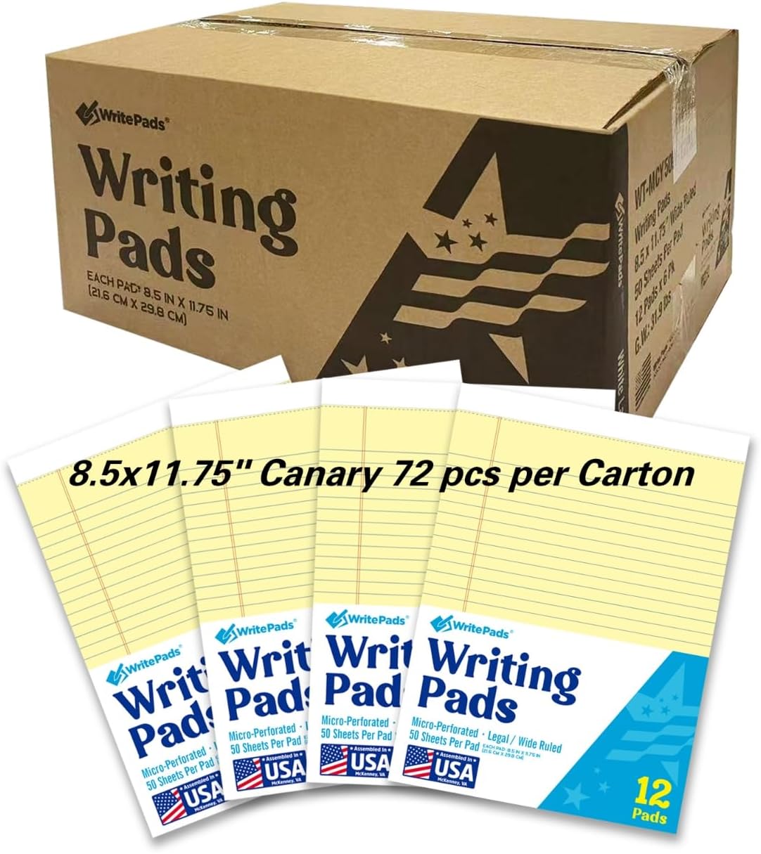 KAISA Legal Pads 8.5x11 inch Writing Pads Wide Ruled Notepads 8.5“x11.75 Canary Note Pads, Yellow 50 Sheets 72 Pads,WT-MCY50W