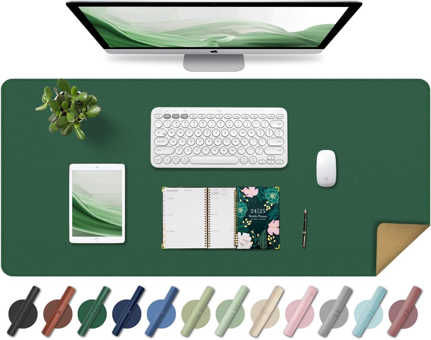 Large Desk Pad 35.4" x 17", Non-Slip Desk Mat with PU Leather & Natural Cork, Waterproof Writing Desk Natural Cork, Computer Mat Desk Protector for Office Home, Dark Green