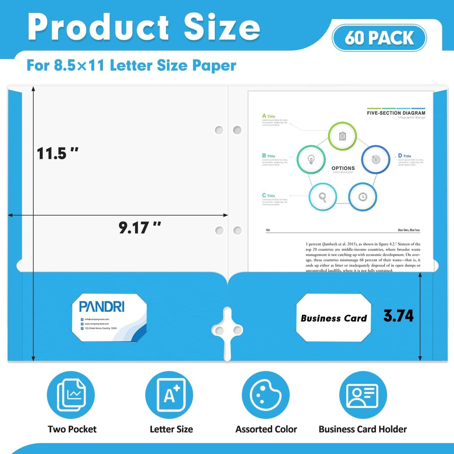 Two Pocket Portfolio Folders, PANDRI 60 Pack 3 Hole Punched 2 Pocket Folders for 3-Ring Binder, Letter Size Paper File Folder for School Office Home Business, Assorted 6 Colors