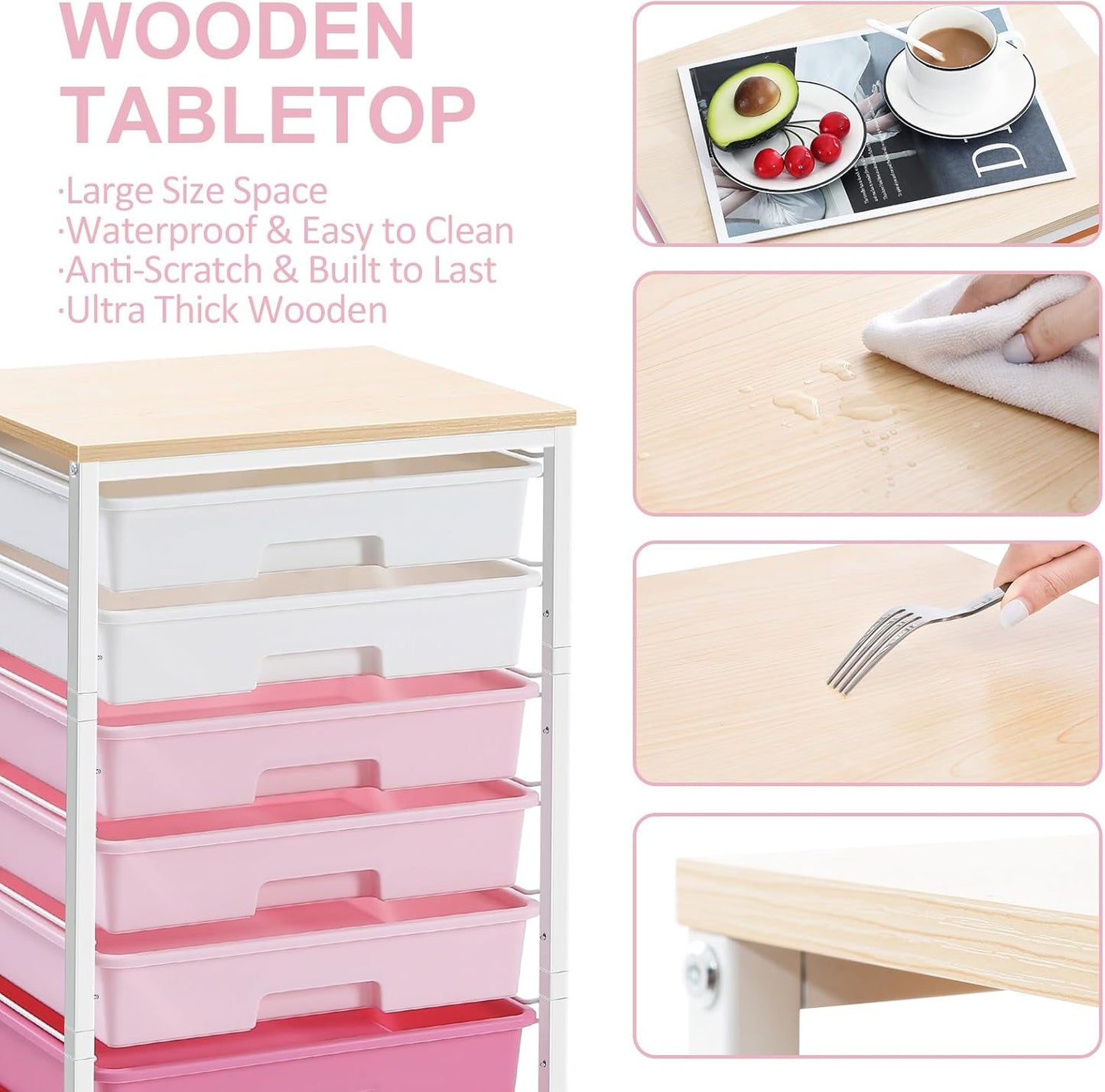 Rolling Cart with Drawers,Storage Cart with 8 Drawers and Wooden Tabletop,Utility Cart for Living Room,Classroom, Bedroom,Bathroom,Dorm,Office,Rose Pink
