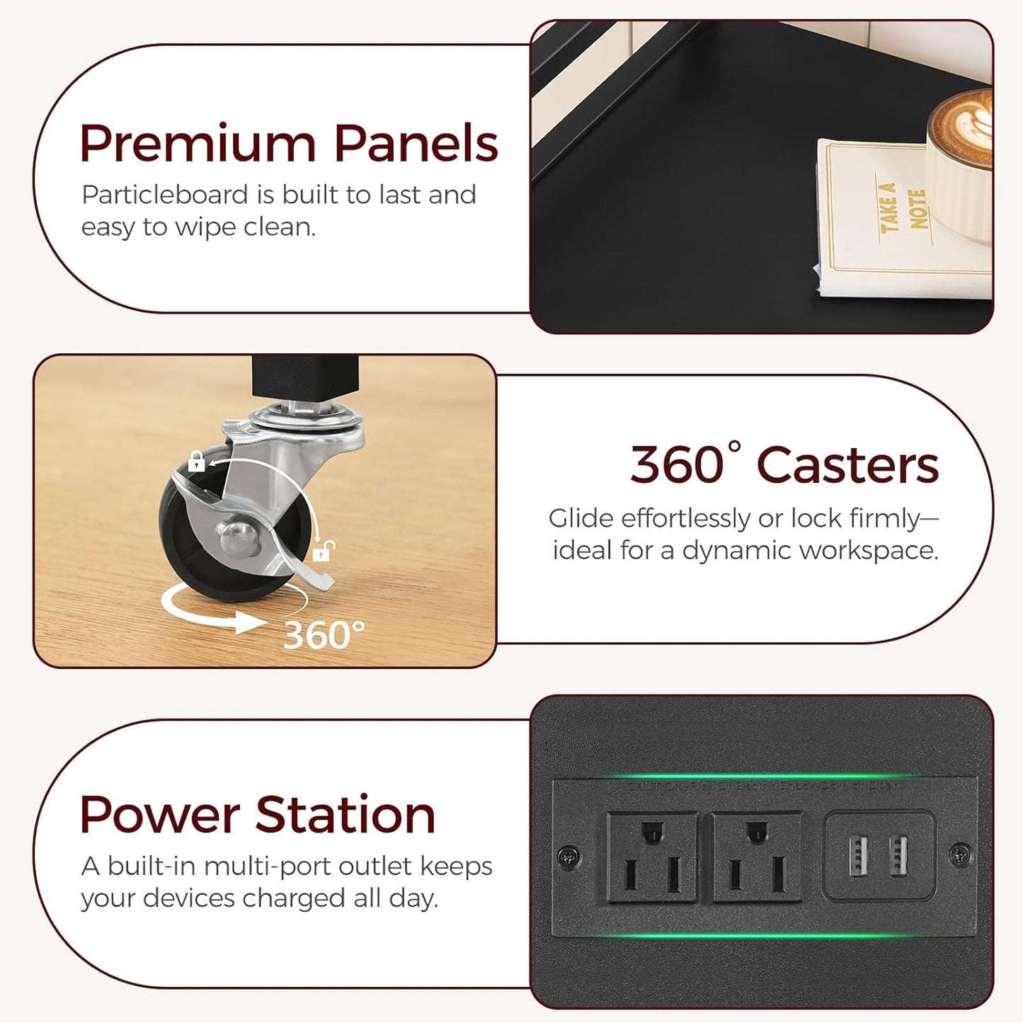 Printer Stand with Storage,Printer Table for Home Office with Charging Station, Large Rolling Cart with Wheels, Printer Cabinet with Open and Hidden Space, Black and White PTHW48E01