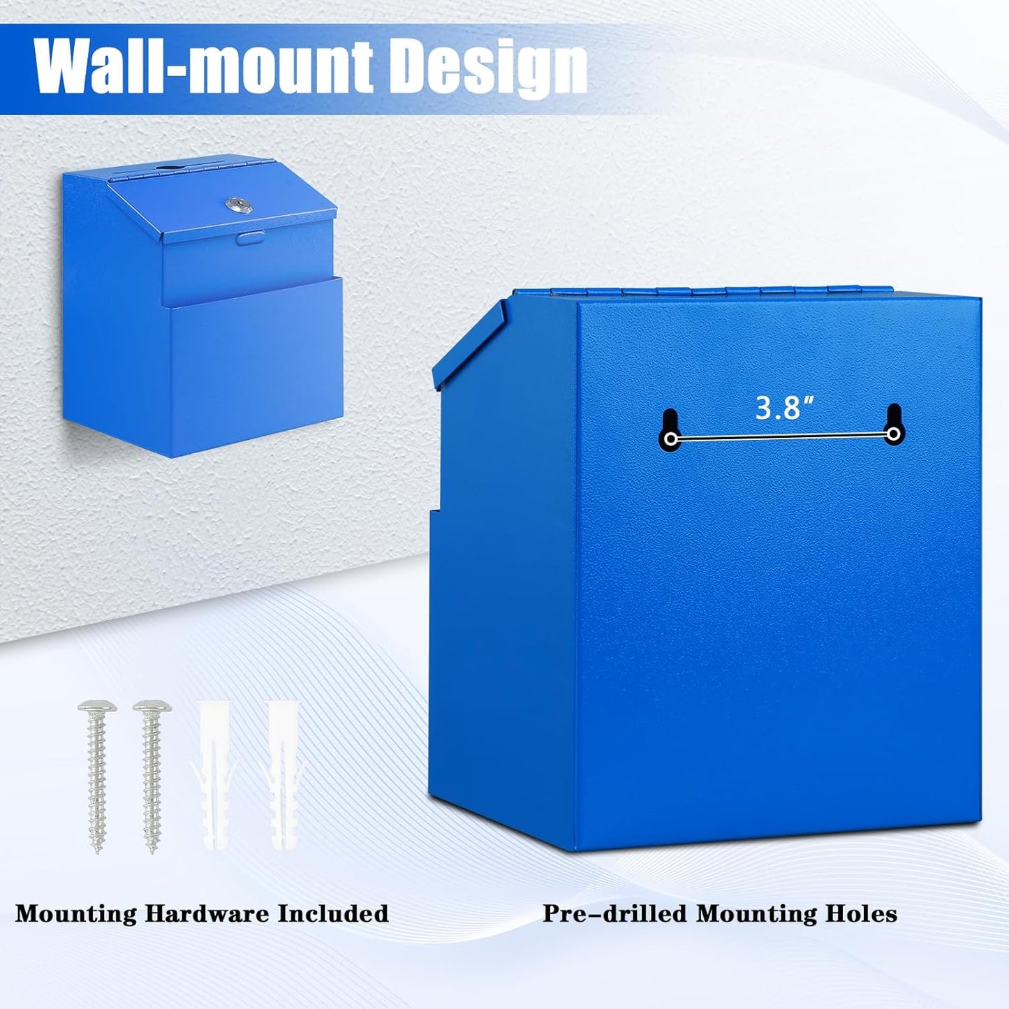KYODOLED Suggestion Box with Lock, Metal Wall Mounted Donation and Ballot Drop Box with Slot & 2 Keys, 50 Free Suggestion Cards, 8H x 5.7W x 7L Inch, Blue