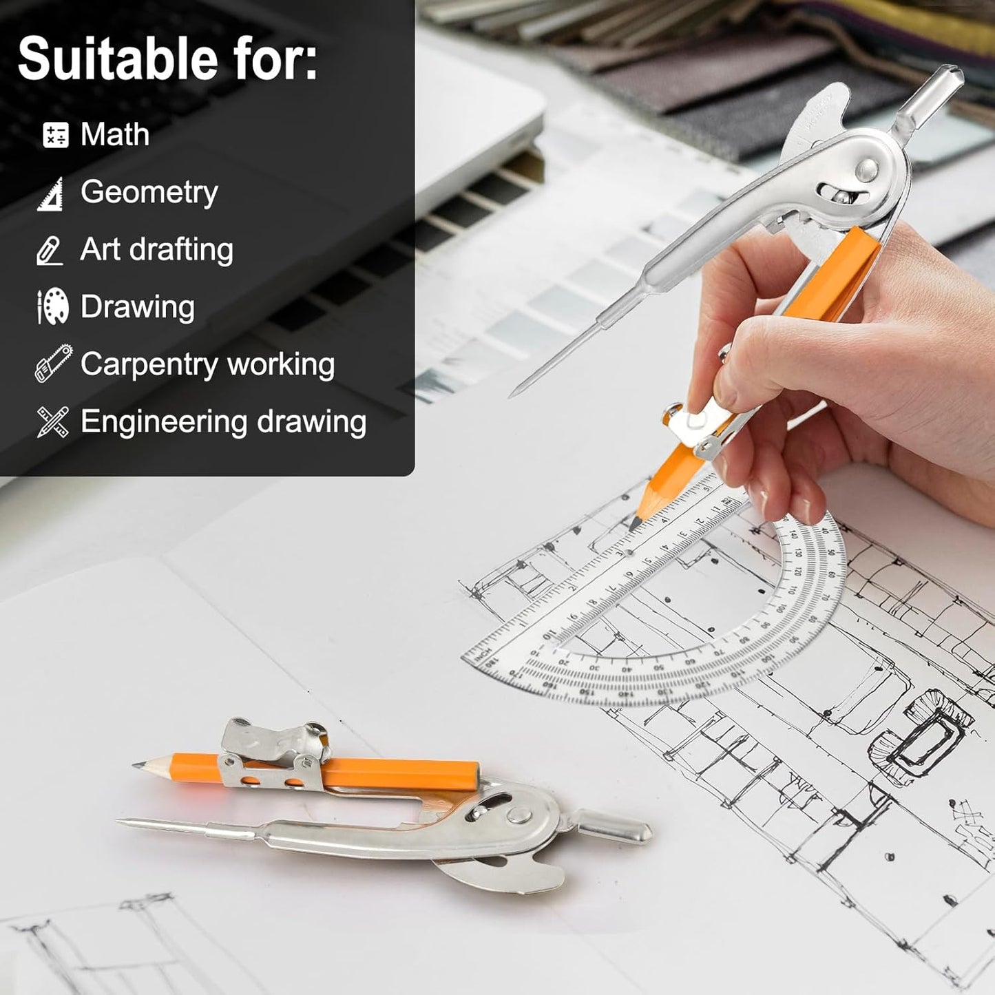 12 Pack Geometry Tool Set, Math Compass for Geometry and 6 Inch Protractor Set Include Metal Compass with Pencil and Clear Plastic Protractor for Student Classroom Office Woodworking Art Drawing