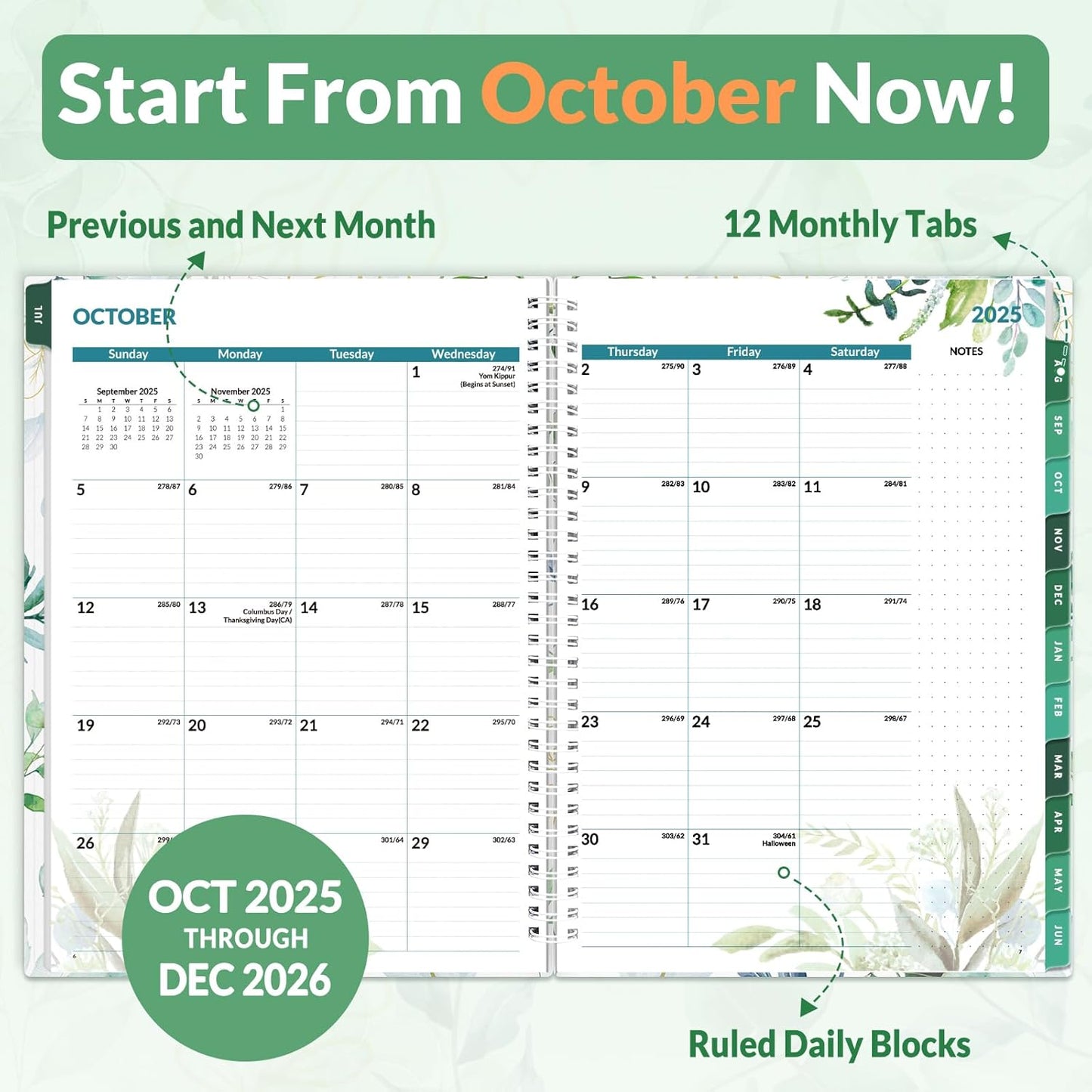 SUNEE 2026 Weekly and Monthly Planner - from January 2026 - December 2026, 8.5"x11" Daily Agenda Planner with Monthly Tab, Flexible Cover, Note Pages, Pockets, Bookmark, Spiral Binding, Eucalyptus