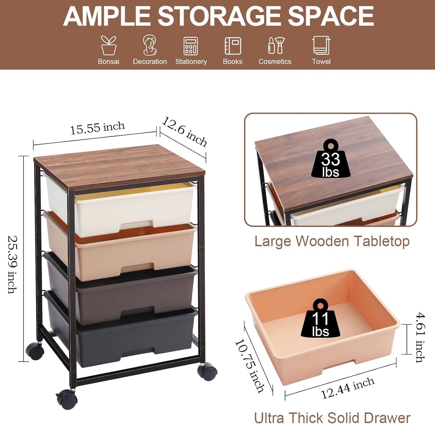 Utility Cart with 4 Drawers,Rolling Storage Cart with Drawers,Storage Rolling Drawer Cart,Brown