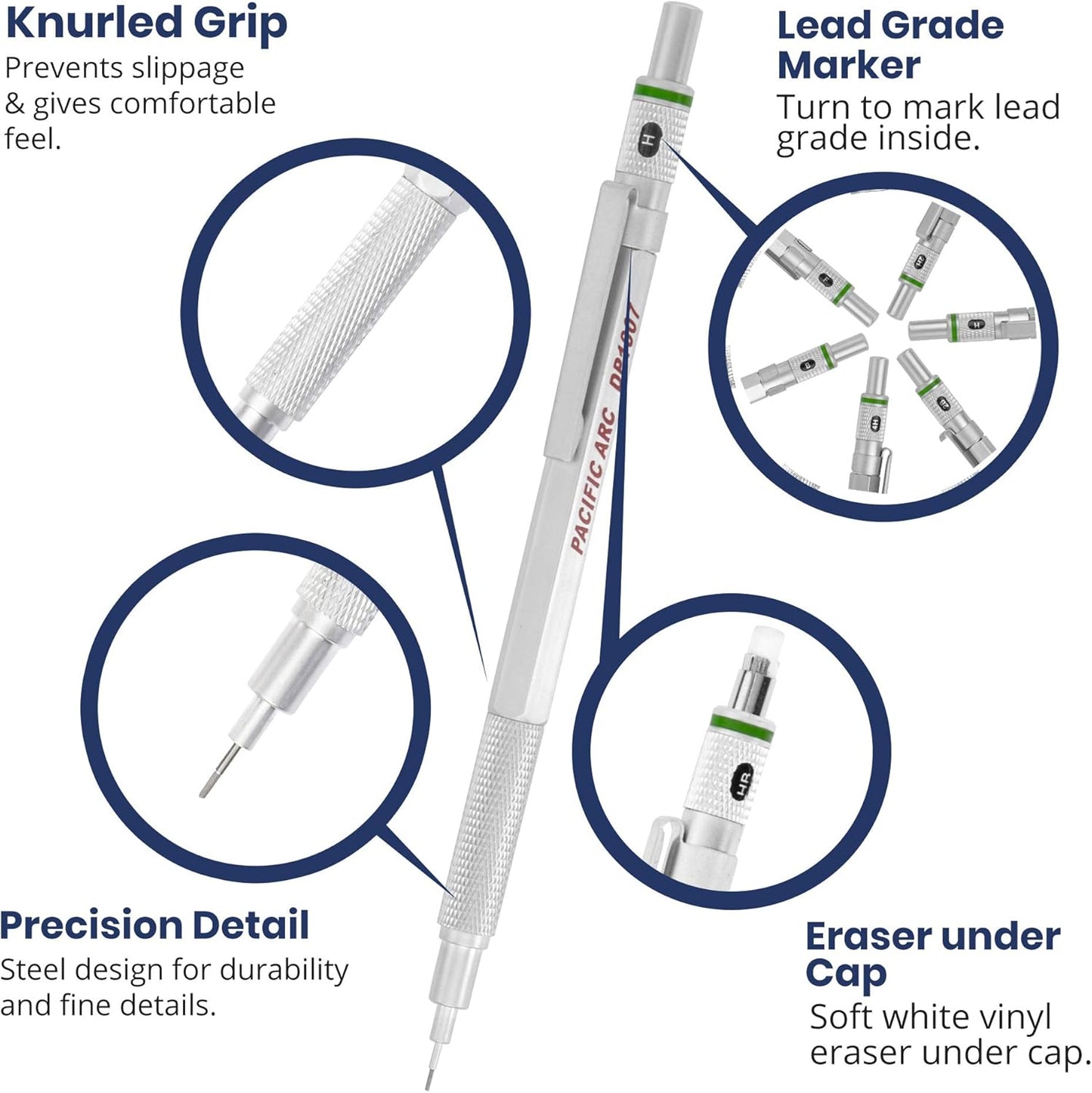Pacific Arc Chromagraph Metal Mechanical Pencil .7 mm Silver Barrel Mechanical Pencil with Built In Lead Pencil Grade Indicator, Lead Pencil Holder for Drafting, Sketching, and Drawing