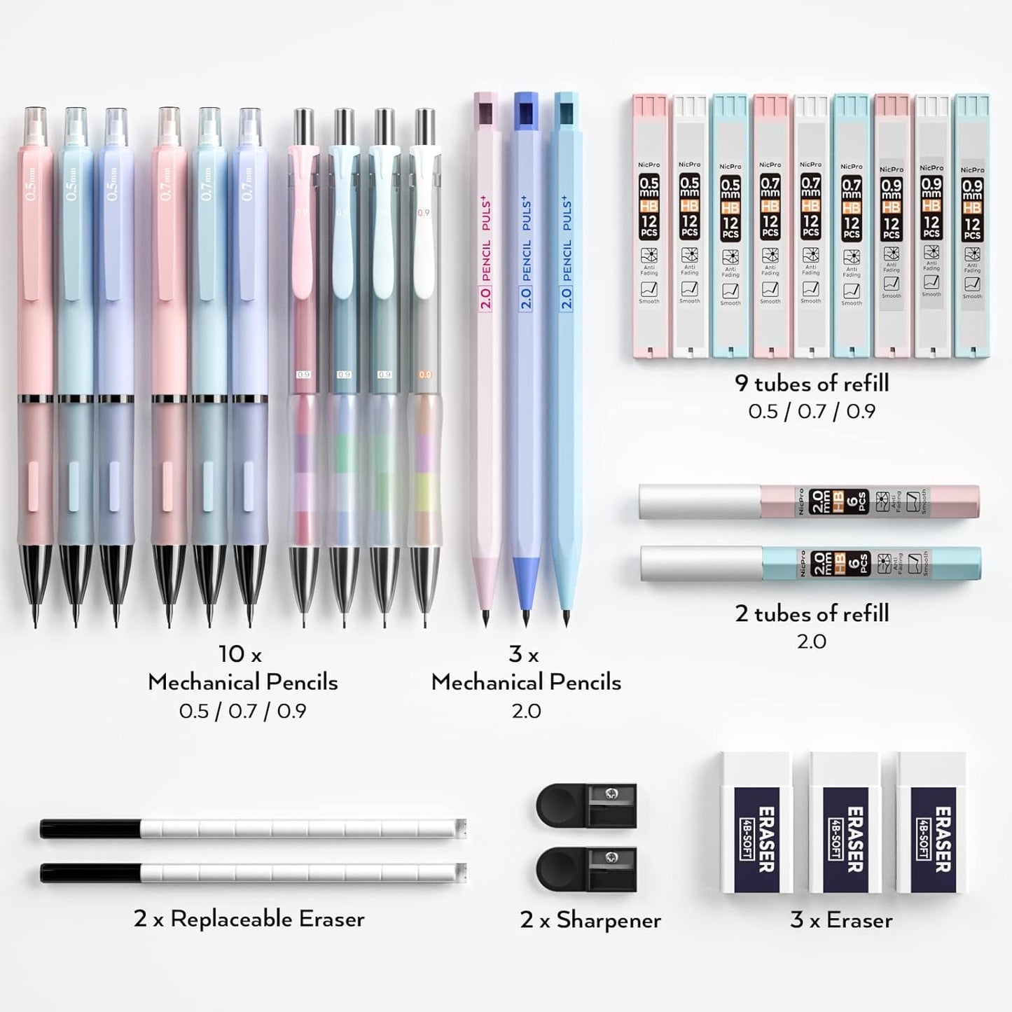 Nicpro 31PCS Pastel Mechanical Pencil Set with Case, Cute Art Drafting Pencils 0.5, 0.7, 0.9 mm & 2mm Lead Holder with 11 Tube Lead Refills(HB 2B), Aesthetic School Supplies for Drawing Sketching