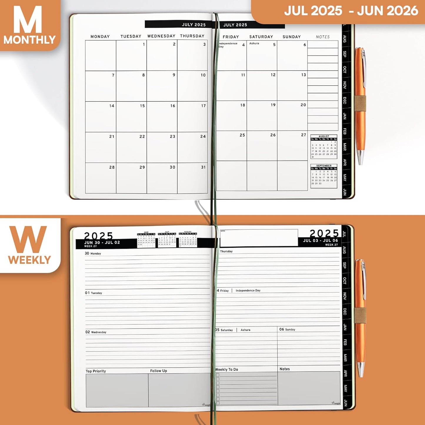 Ensight 2025-2026 HARDCOVER Leather Planner Weekly & Monthly - 6.5x8.5 Inches - Academic Planner Business Personal or Student - Pen Holder, Thick Paper, July 2025 - June 2026 (Brown)