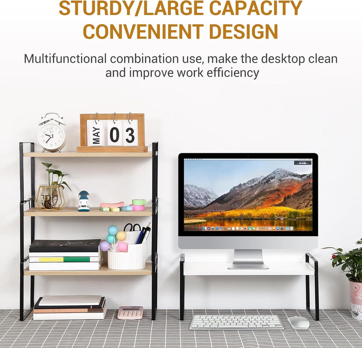 YGYQZ Wood Office Desk Shelf Organizer - Desktop Supplies Cute Dresser Top Organization Storage Rack and Cubicle Decor Aesthetic Bookshelf for Women Man and Kids (Black Wood-Three Tier)