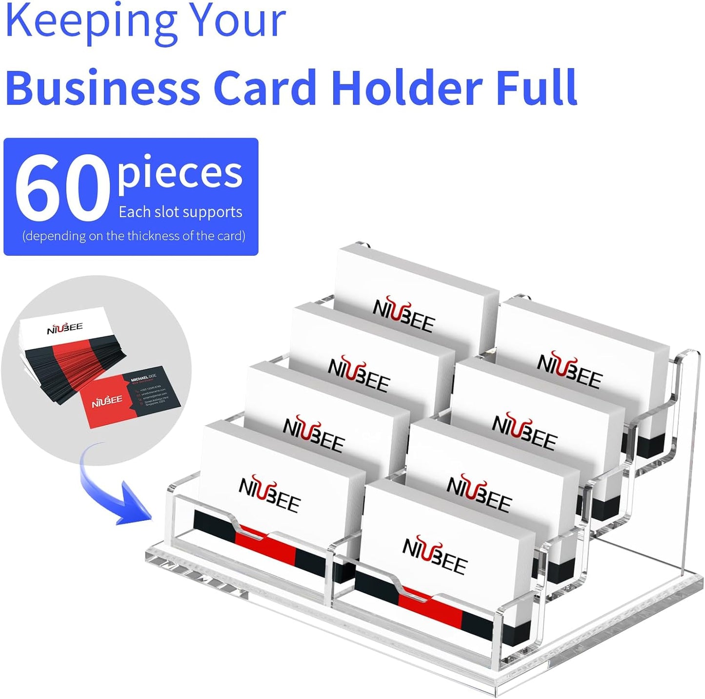 NIUBEE Clear Business Card Holder 4 Tier Acrylic Business Card Stand, 8 Slots Business Card Display for Desk Counter, 600 Card Capacity, 1 Pack