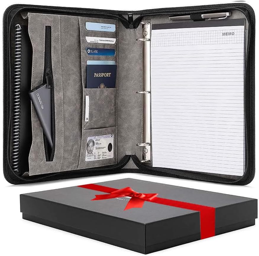 Padfolio Binder - Professional Faux Leather Travel Organizer Pouch for Tablet, Documents, Presentation Folders, Zipper Closure, Detachable 3-Ring Notepad - Gray