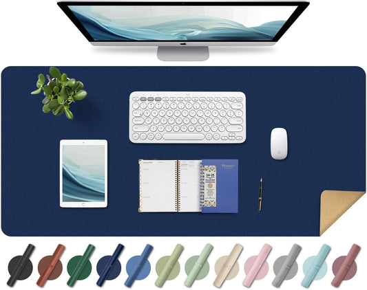 Large Desk Pad 35.4" x 17", Non-Slip Desk Mat with PU Leather & Natural Cork, Waterproof Writing Desk Natural Cork, Computer Mat Desk Protector for Office Home, Dark Blue