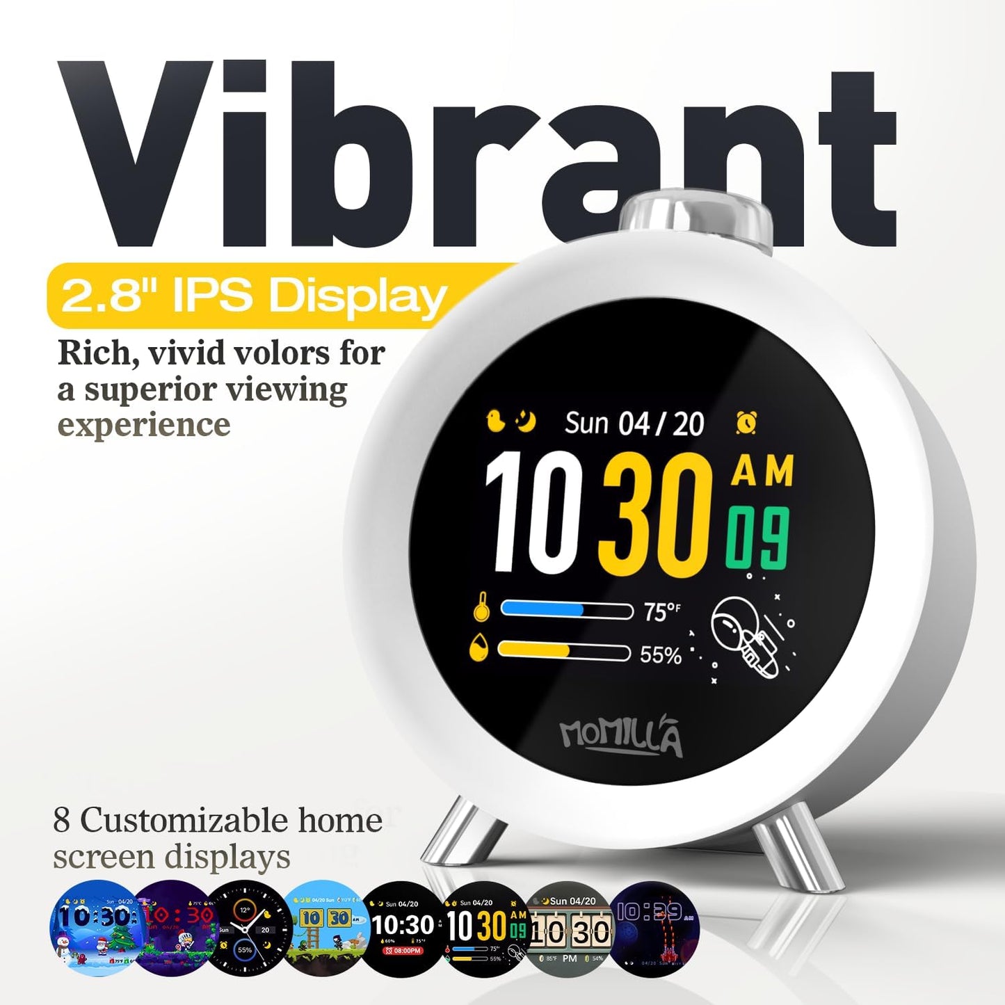 MOMILLA Alarm Clock for Heavy Sleepers, Colorful Screen Temperature, Loud 7-Day Programmable 4 Alarms, Small Clocks Bedrooms for Kids Adults Boys Girls, Easy to Set, Digital White Noise, Hourly Chime