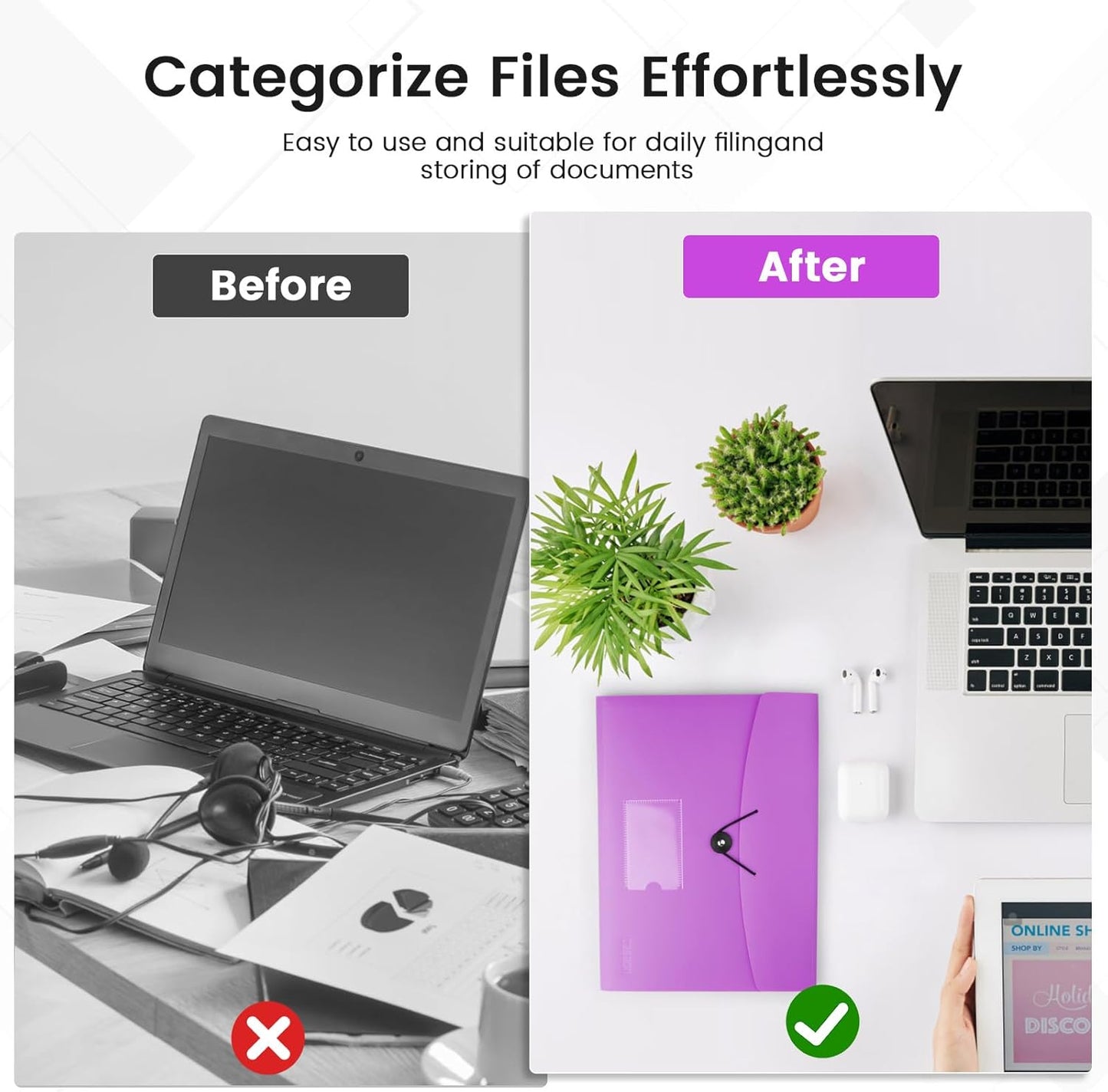 13 Pocket Expanding File Folder Accordian File Organizer, A4 Letter Size Paper Document Receipt Holder for School Office Supplies, Purple