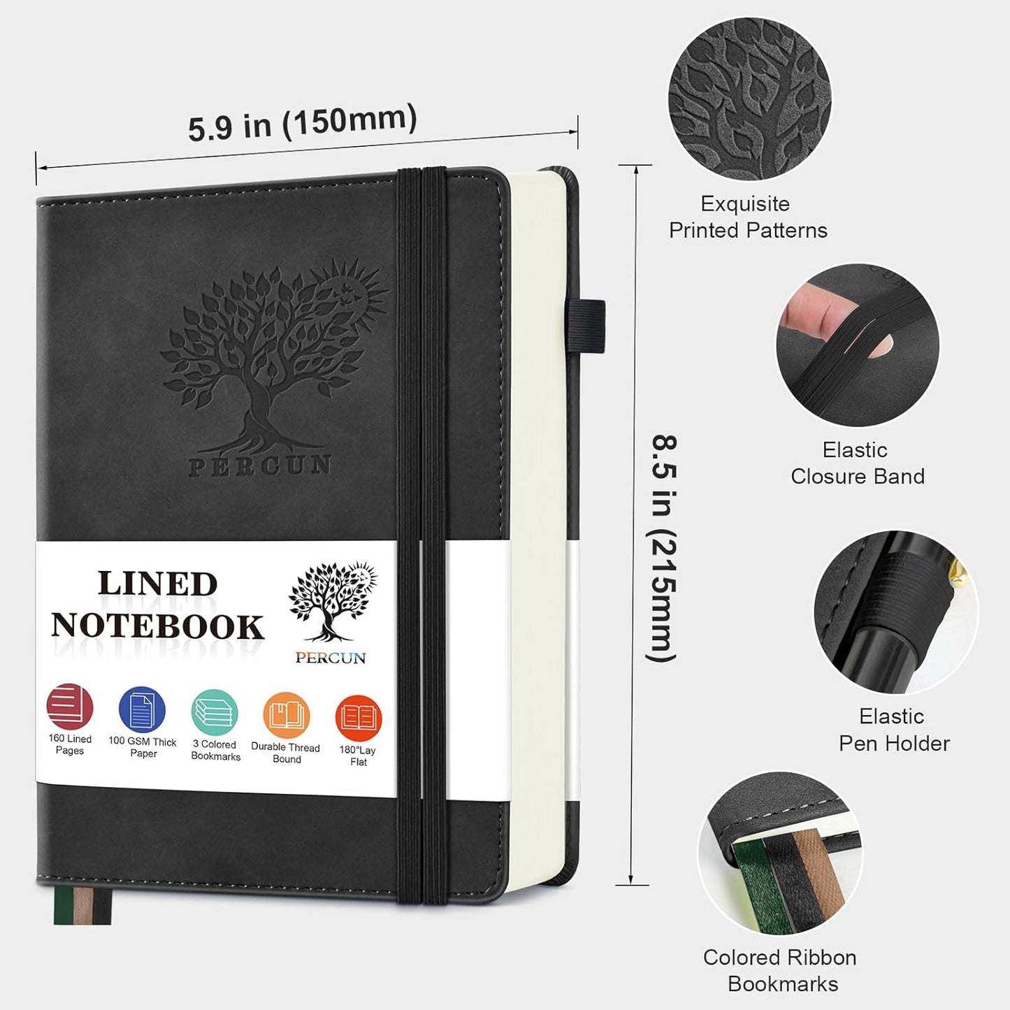 Lined Journal Notebook for Men & Women, 160 Pages College Ruled Journal for Writing, A5 Hardcover Leather Notebooks for Work, School, Business, Travel, Daily Diary 5.9" x 8.5" - Black