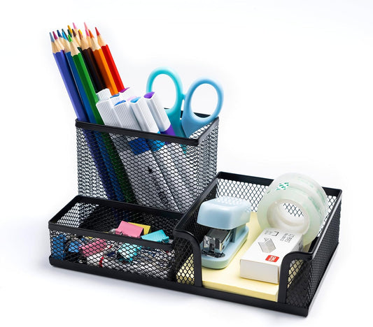Black Mesh Pen Holder Desktop Organizers Pencil Holder for Desk 3 Compartments Metal Office Supply Organizer with Sticky Notes Holder for Office Desk Accessories