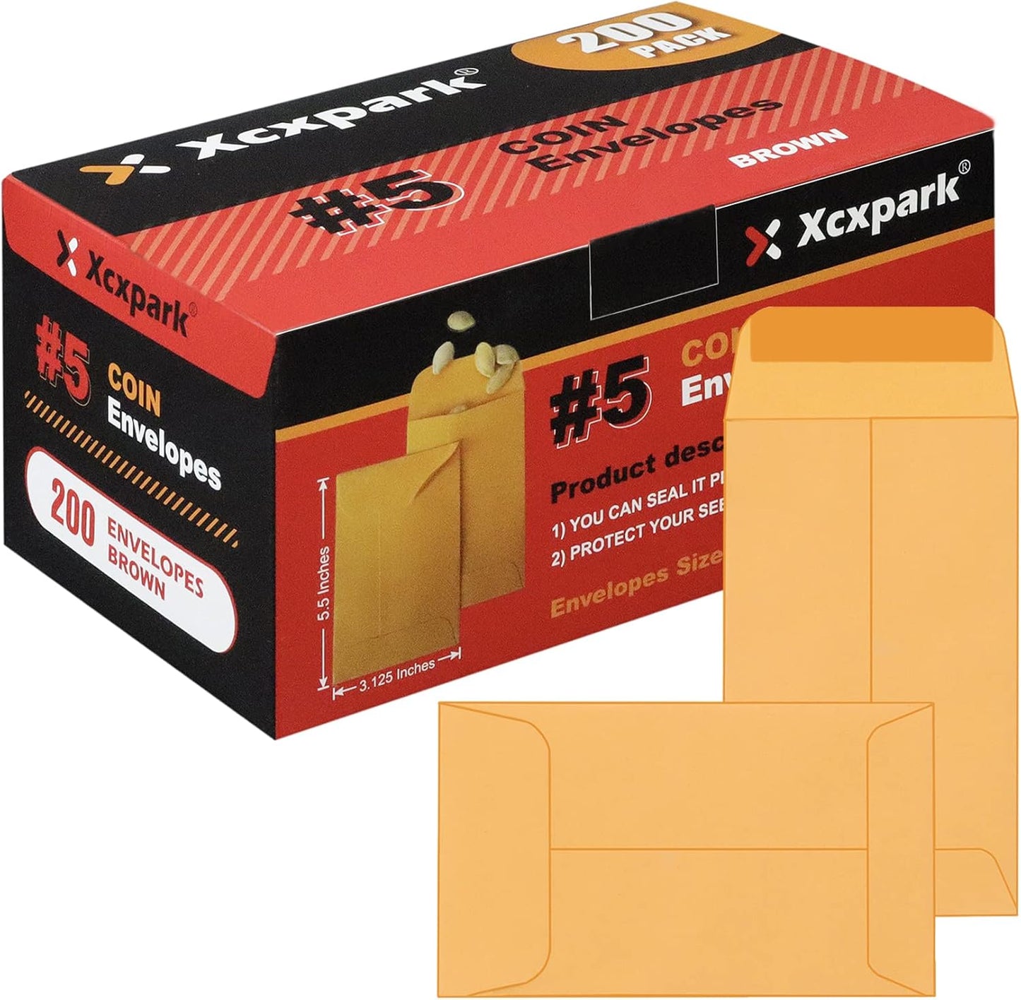 200PCS #5 Coin Envelopes 3.125x5.5 inches Brown Kraft Envelopes Classic Small Parts Gummed Flap for Coins, Cash, Credit Cards, Seeds