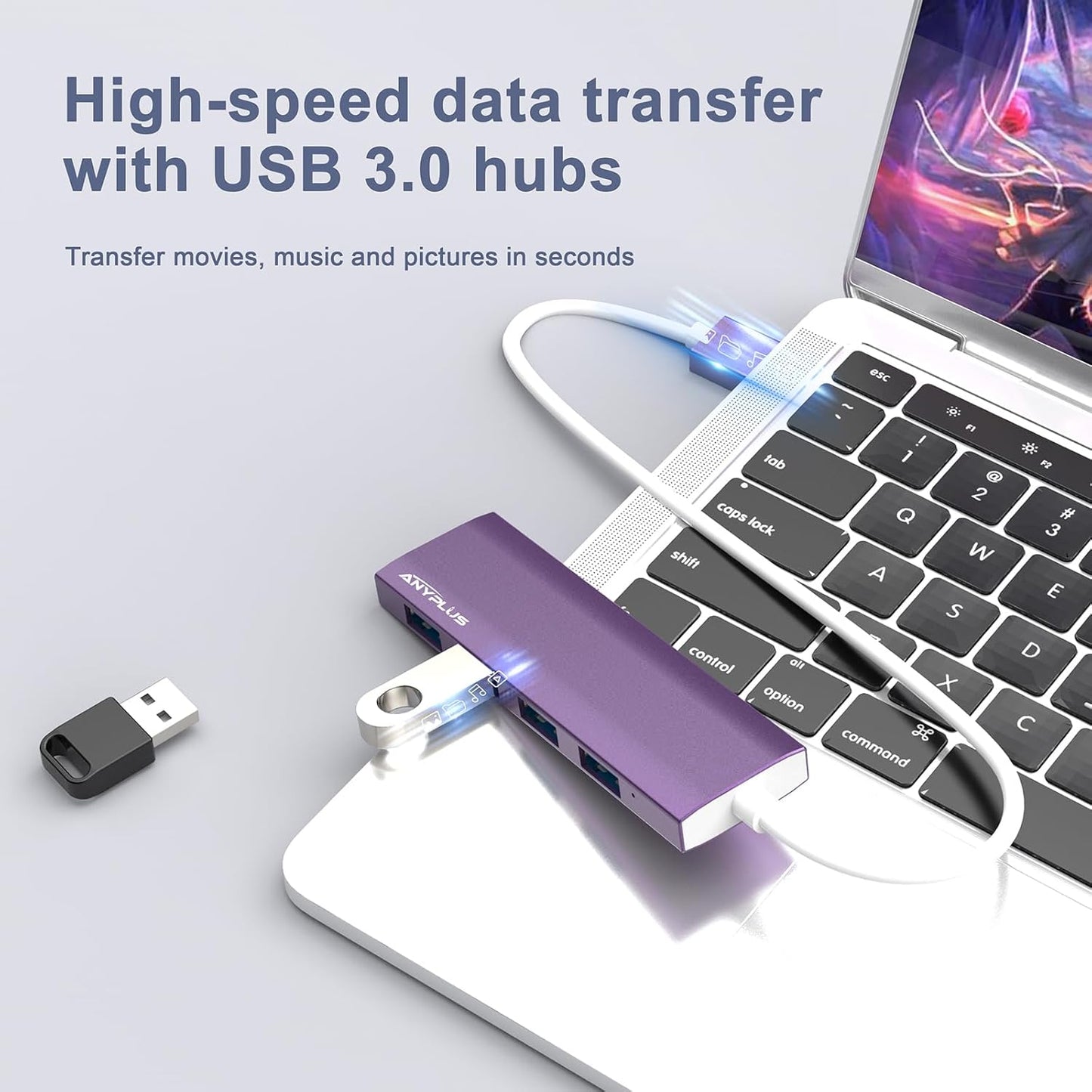 USB Hub, USB 3.0 Hub Aluminum Alloy Ultra Slim USB Splitter, Portable 4 Port USB Extender, USB Hub for Laptop, PC, MacBook, iMac, Surface Pro, Mac Pro, Flash Drive, XPS 【Purple】
