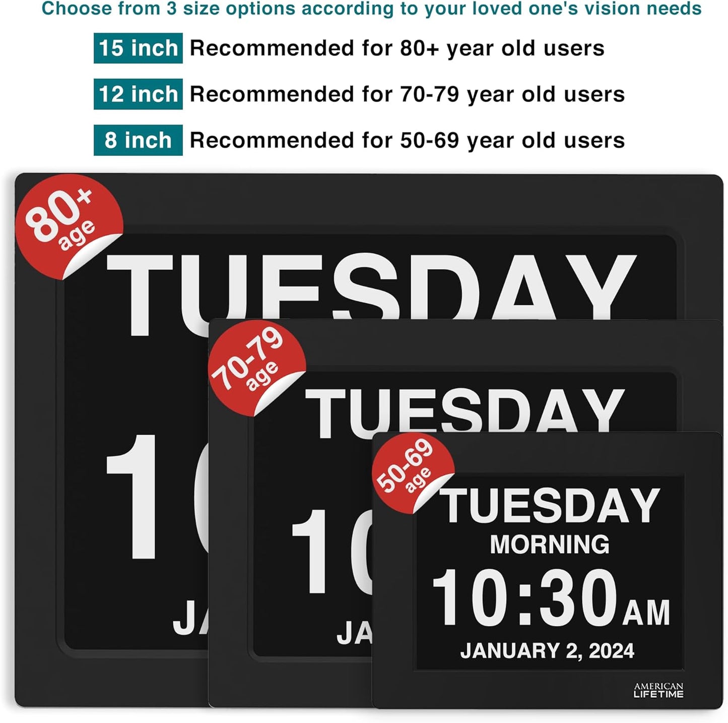 American Lifetime Large Digital Wall Clock for Seniors, Black Polished, 8-Inch High Resolution Display, Easy to Read, Customizable Alarms, Auto-Dimming, Multi-Language Support, Battery Backup