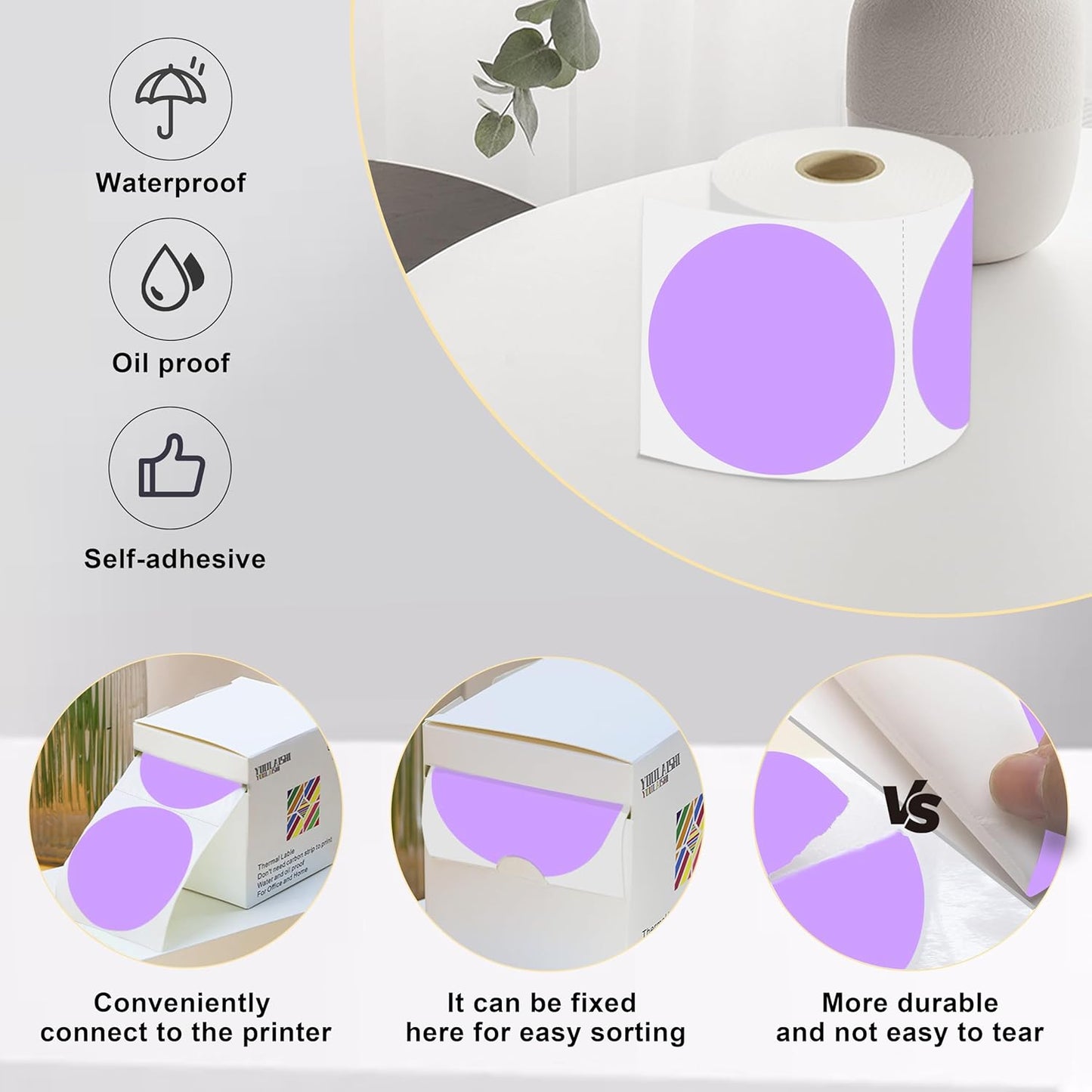 3 X 3 Inch Color Coding Dot Labels Circle Thermal Printable Waterproof 2000 Pcs Round Stickers Adhesive Writable for Office, Home, Garage, DIY Sticker, Barcodes, Name Tag, Light Purple