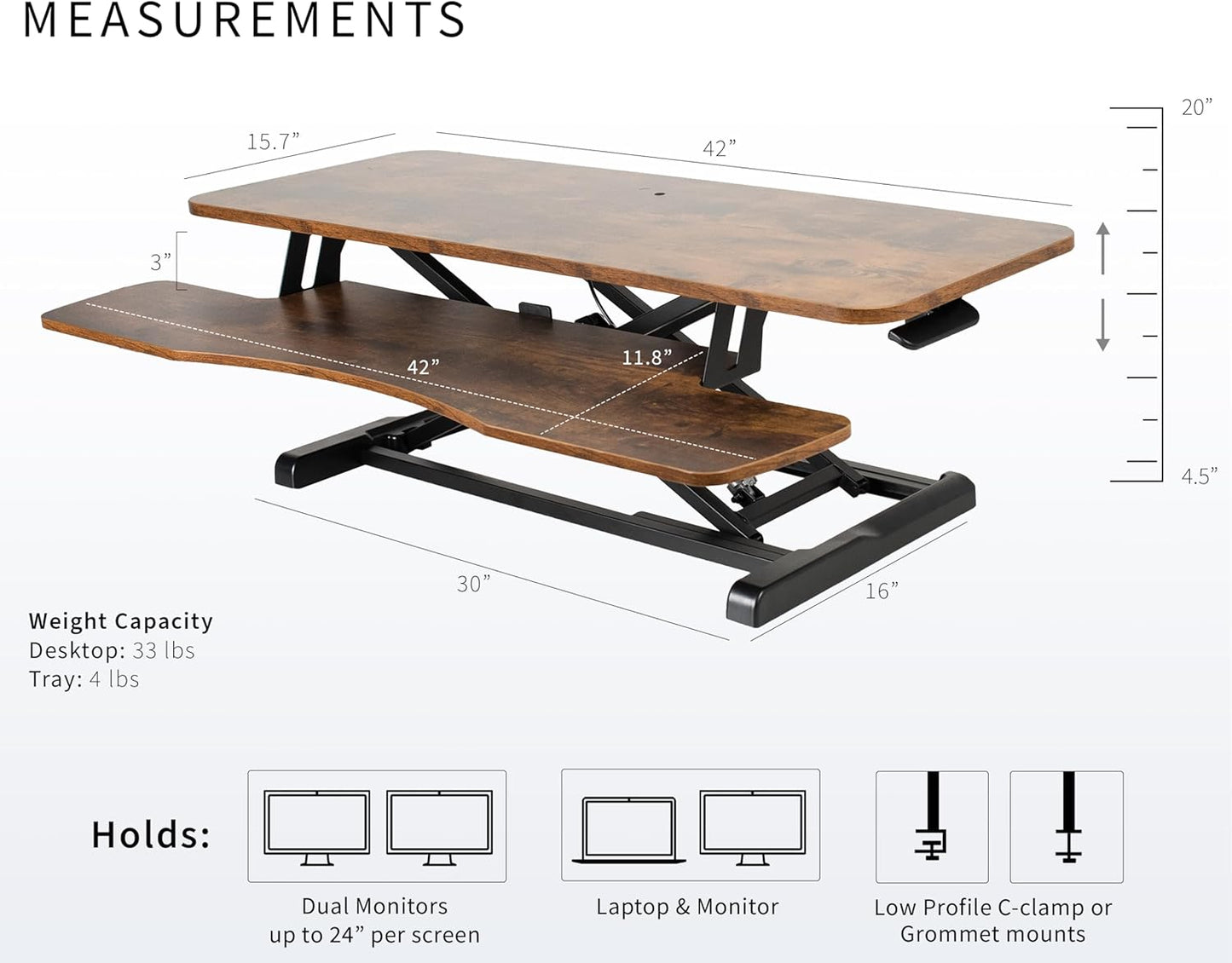 VIVO 42 inch Desk Converter, K Series, Height Adjustable Sit to Stand Riser, Dual Monitor and Laptop Workstation with Wide Keyboard Tray, Rustic Vintage Brown Top, Black Frame, DESK-V042KN