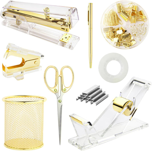 Gold Desk Accessories, Office Supplies Set with Acrylic Stapler, Tape Dispenser, Staple Remover, Pen Holder, Scissor, Binder Paper Clips, 1 Ballpoint Pen, 1 Clear Tape and 1000pcs Staples