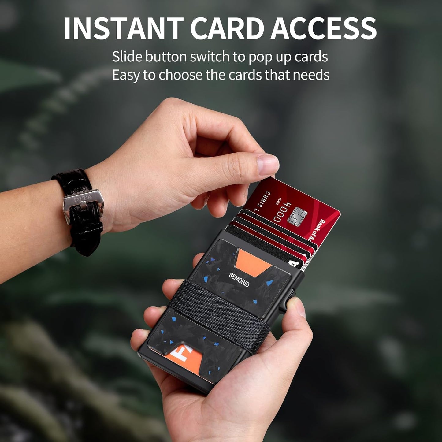 Minimalist Wallet for Men, Slim RFID Blocking Mens Wallet, Aluminum Pop Up Card Case, Thin Metal Credit Card Holder with Cash Strap -12 Cards Storage