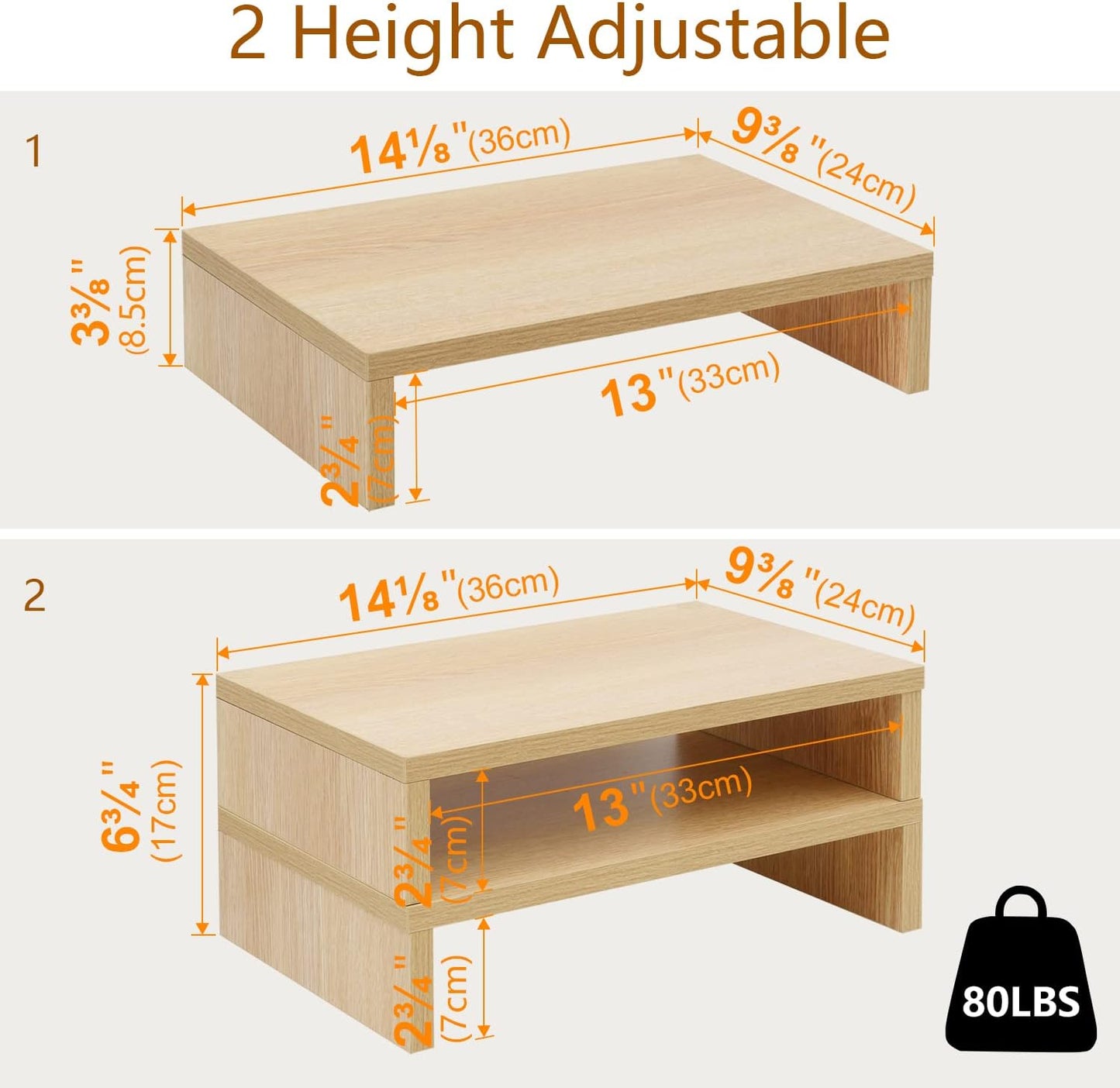TEAMIX Wood Monitor Stand Riser - 2 Pack Adjustable Dual Monitor Riser for Laptop/PC