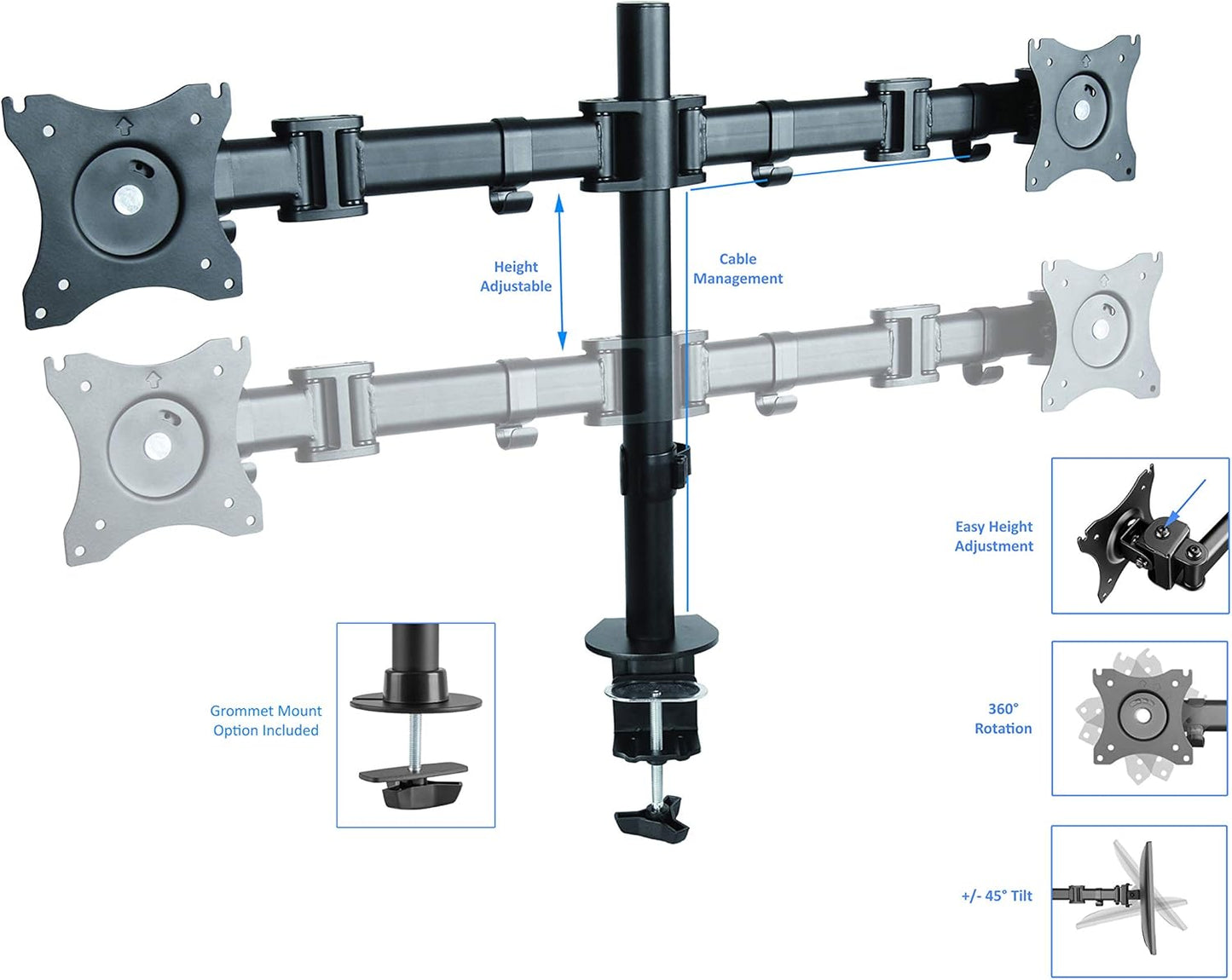 Rocelco Standing Desk Converter with Dual Monitor Mount - 31.5 Inch Sit Stand Up Tabletop Riser with Tablet Holder, Height Adjustable Workstation - Deep Keyboard Tray for Laptop - Gray (R VADRG-DM2)