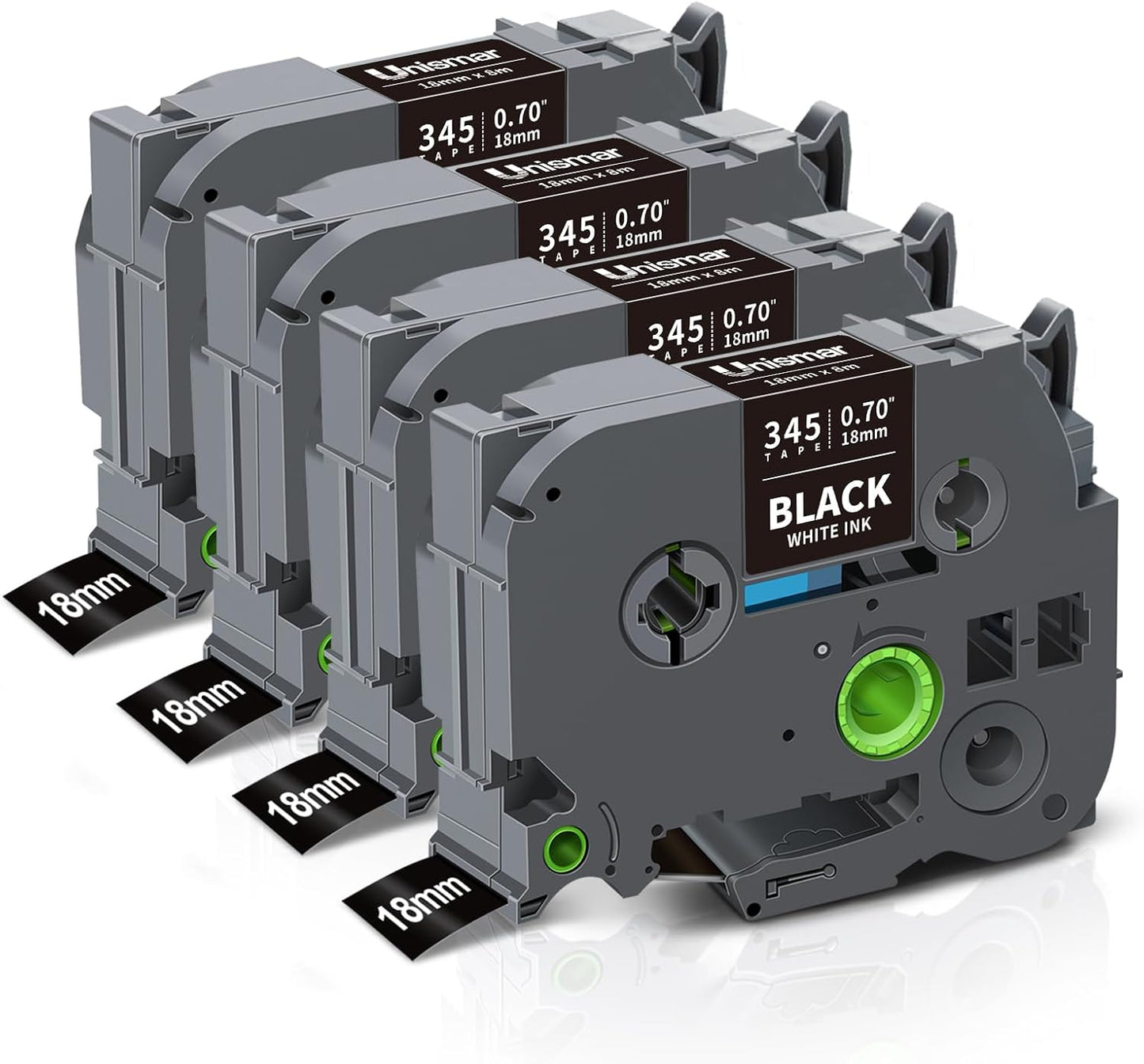 Unismar TZe-345 Compatible for Brother Ptouch 18mm 0.7 Laminated White on Black Label Tape TZ345 TZ Tape Work for PT-D400AD PT-D410 PT-D600 PT-D400 PT-2700 PT-1880 Label Maker, 3/4'' x 26.2', 4-Pack