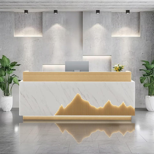 Reception Desk Modern Front Office Desk Reception Counter Receptionist Room Tables with Lock Drawer Checkout Cashier Counter for Lobby Beauty Salon, No Assembly Required White and Wood 87inch