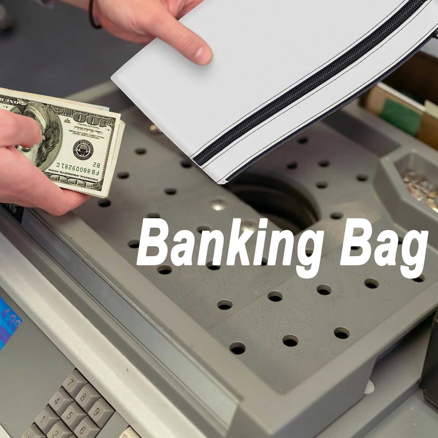 HAUTOCO Money Bag with Zipper 11x6.1 inch Money Pouch with Lined PU Leather Bank Bag Two Pockets Utility Wallet for Cash Check Receipt Coins Cosmetics, White