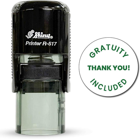 Shiny Gratuity Included Stamp, Round Self Inking Stamp for Restaurant, Bar and Retail, Green Ink