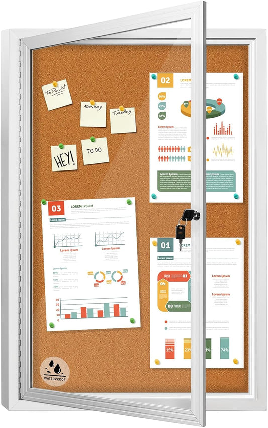 Lockable Outdoor Enclosed Bulletin Board, Weatherproof Cork Noticeboard with Locking Door, Wall-Mounted Aluminum Framed Display Case for Messages,36x24in (5xA4)